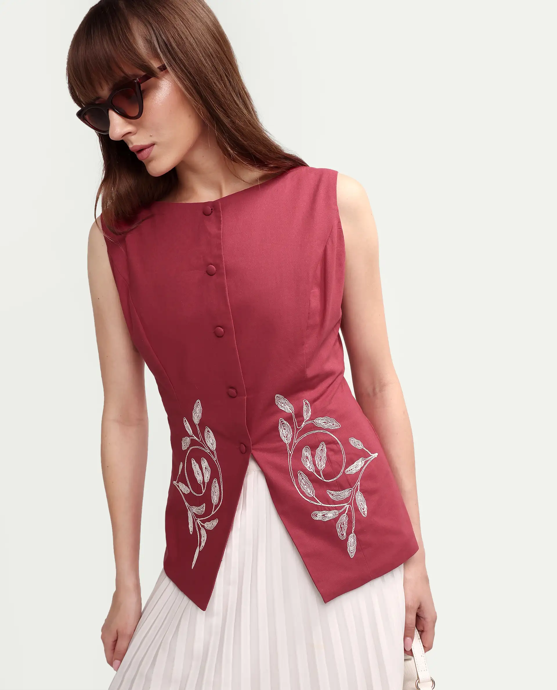 Rareism Women's Apin-T Dusky Red Cotton Sleeveless Regular Fit Plain Top