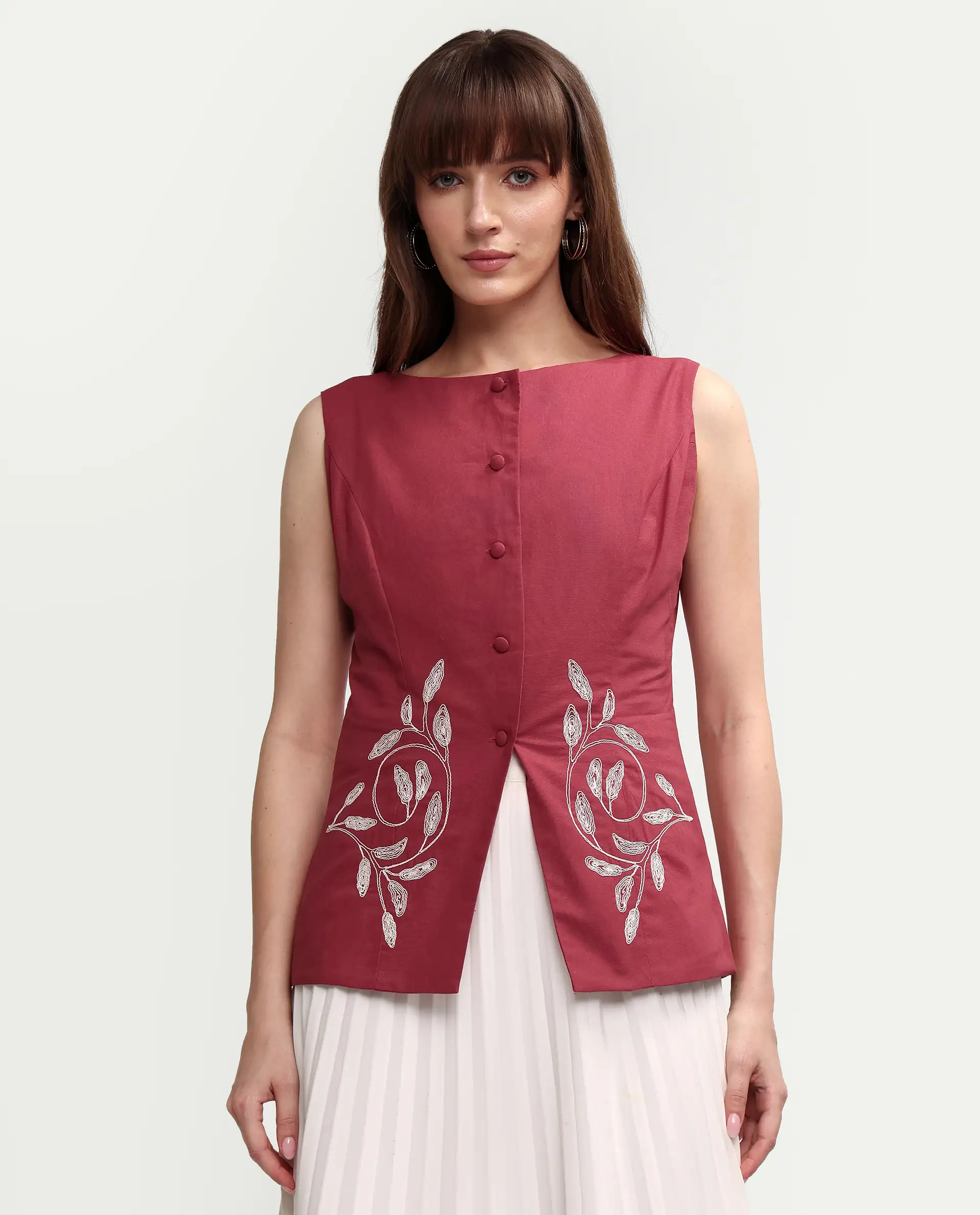 Rareism Women's Apin-T Dusky Red Cotton Sleeveless Regular Fit Plain Top - Image 3