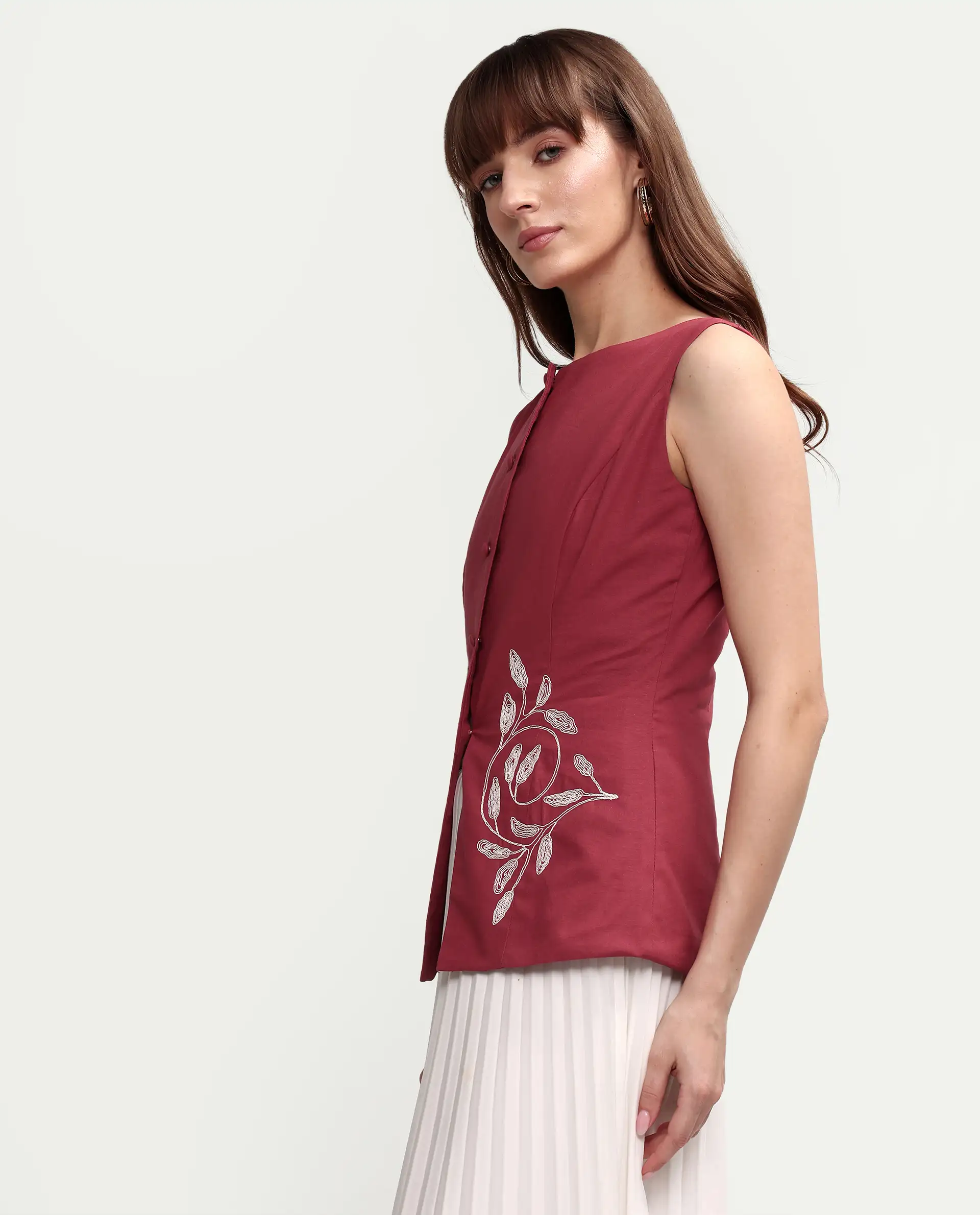Rareism Women's Apin-T Dusky Red Cotton Sleeveless Regular Fit Plain Top - Image 6