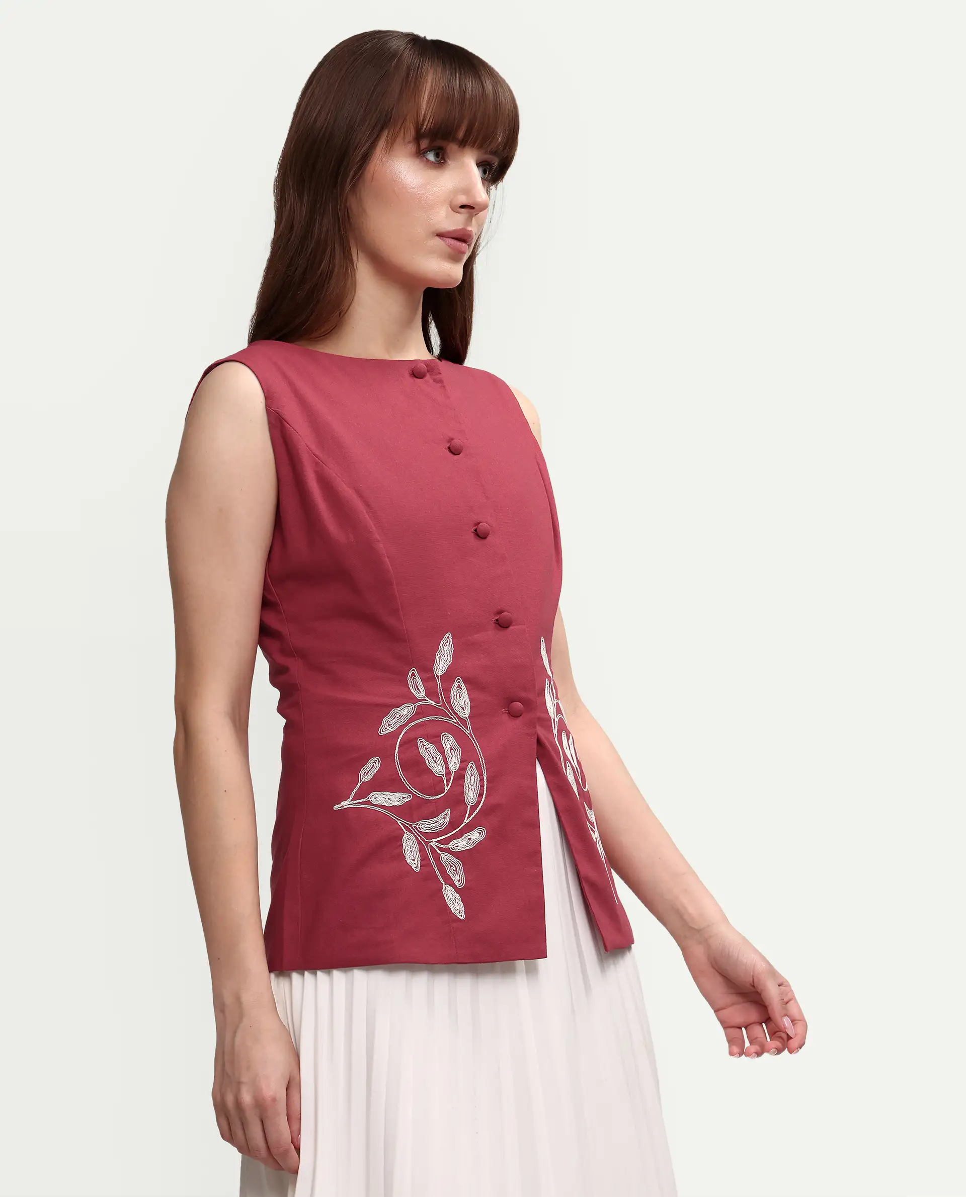 Rareism Women's Apin-T Dusky Red Cotton Sleeveless Regular Fit Plain Top - Image 7