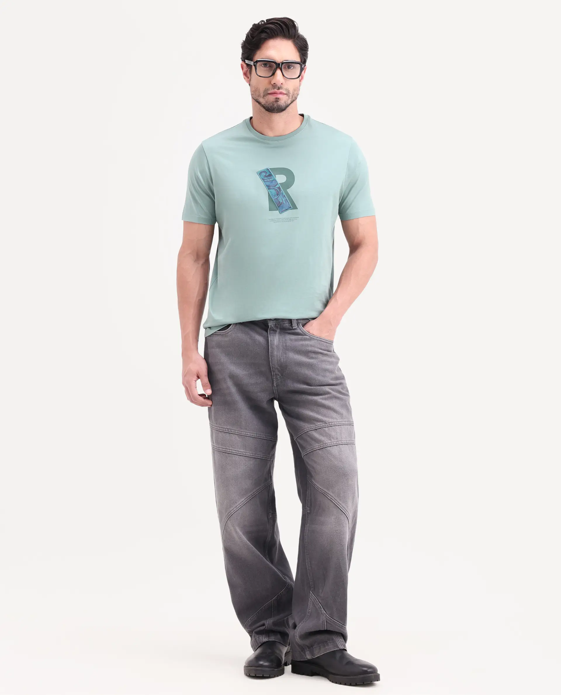 Rare Rabbit Men's Apli Dusky Green Cotton Fabric Half Sleeve Crew Neck Regular Fit Graphic Print T-Shirt - Image 2