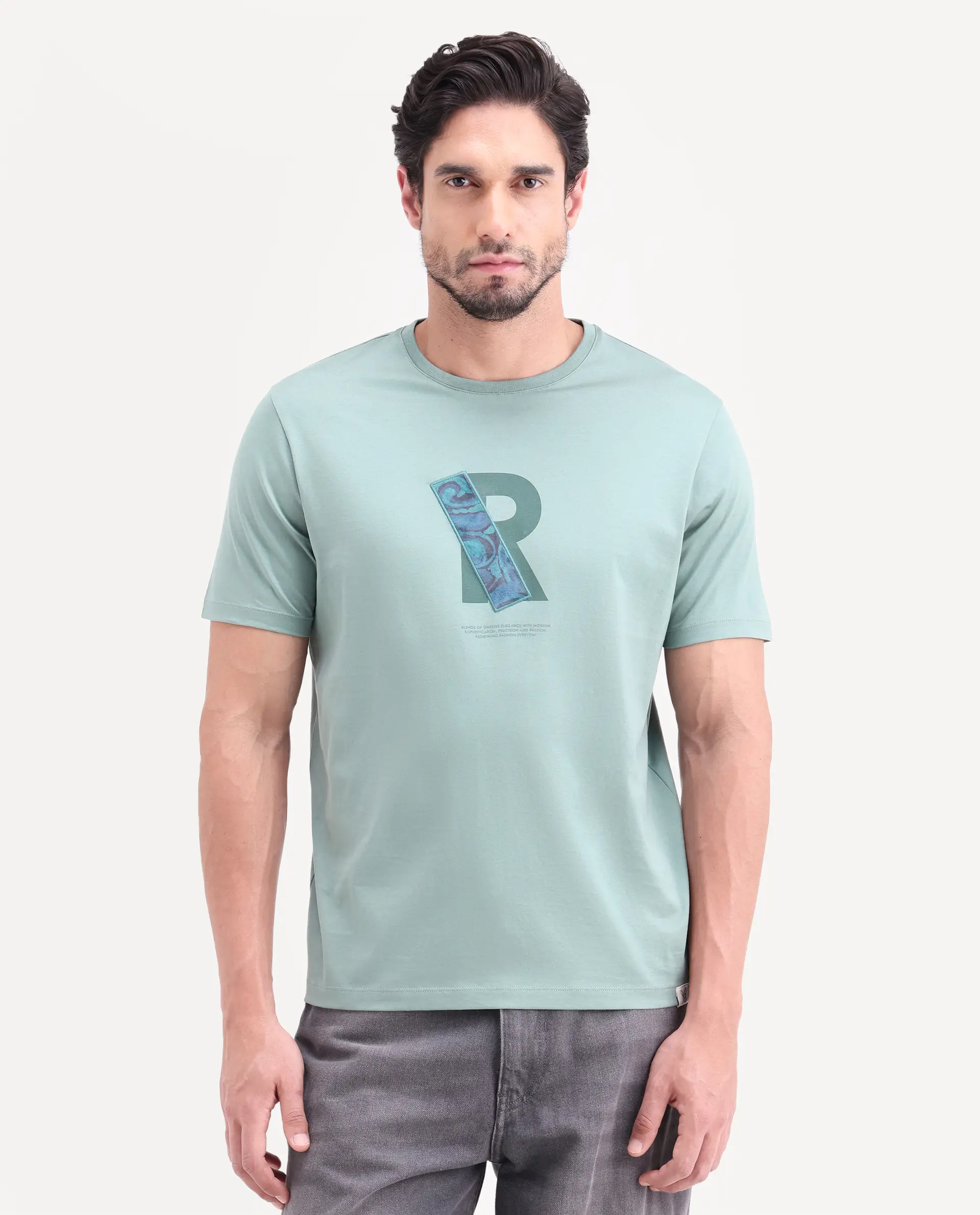 Rare Rabbit Men's Apli Dusky Green Cotton Fabric Half Sleeve Crew Neck Regular Fit Graphic Print T-Shirt - Image 4
