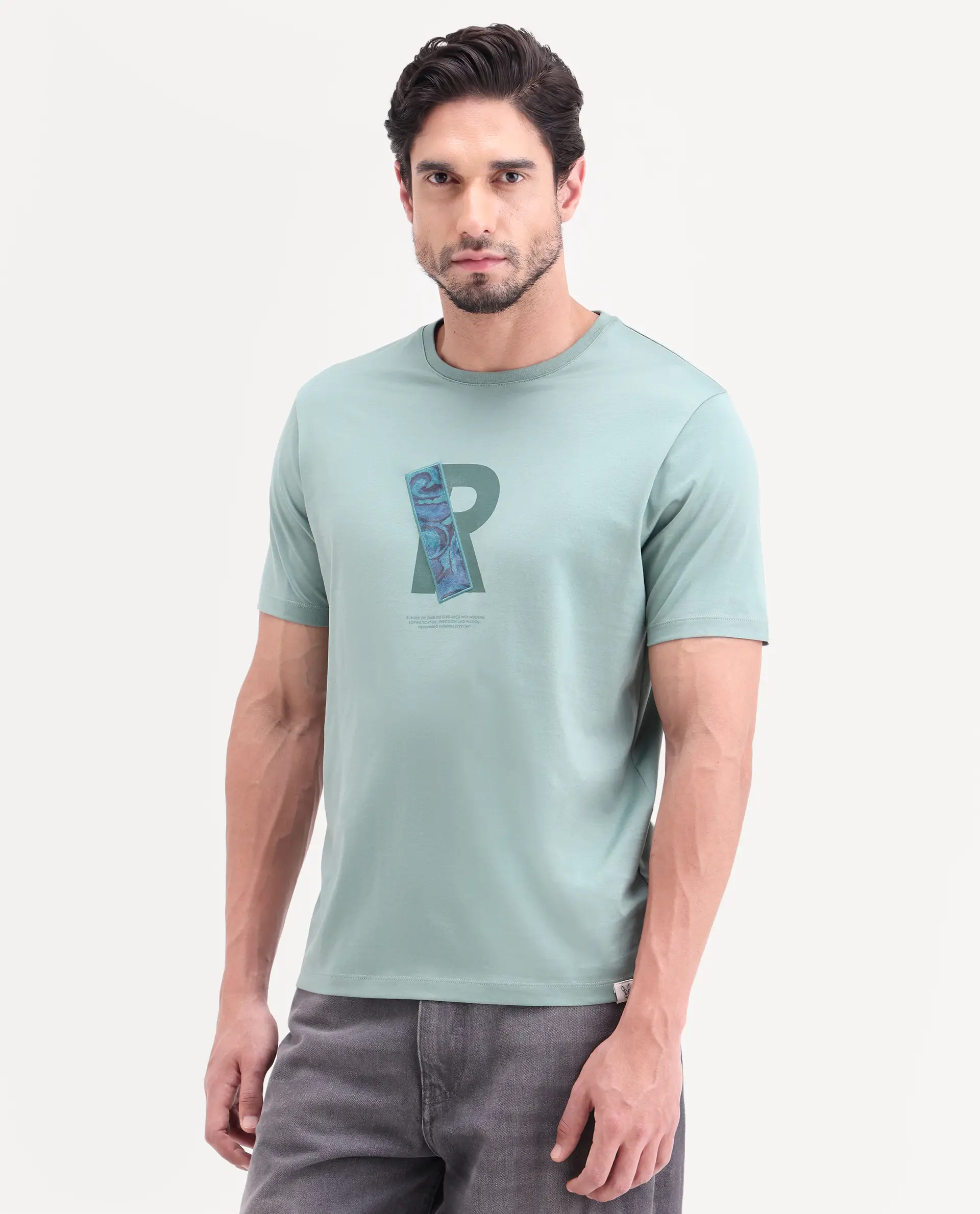 Rare Rabbit Men's Apli Dusky Green Cotton Fabric Half Sleeve Crew Neck Regular Fit Graphic Print T-Shirt - Image 5