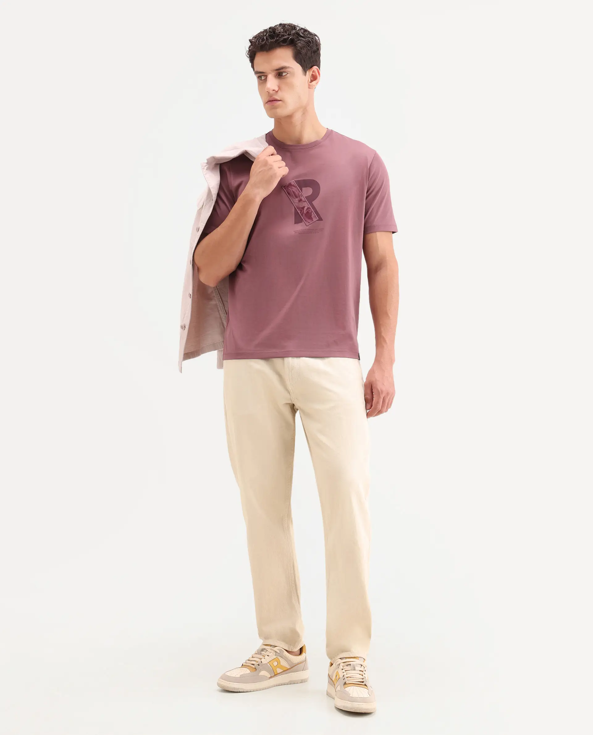 Rare Rabbit Men's Apli Dusky Pink Cotton Fabric Half Sleeve Crew Neck Regular Fit Graphic Print T-Shirt - Image 2