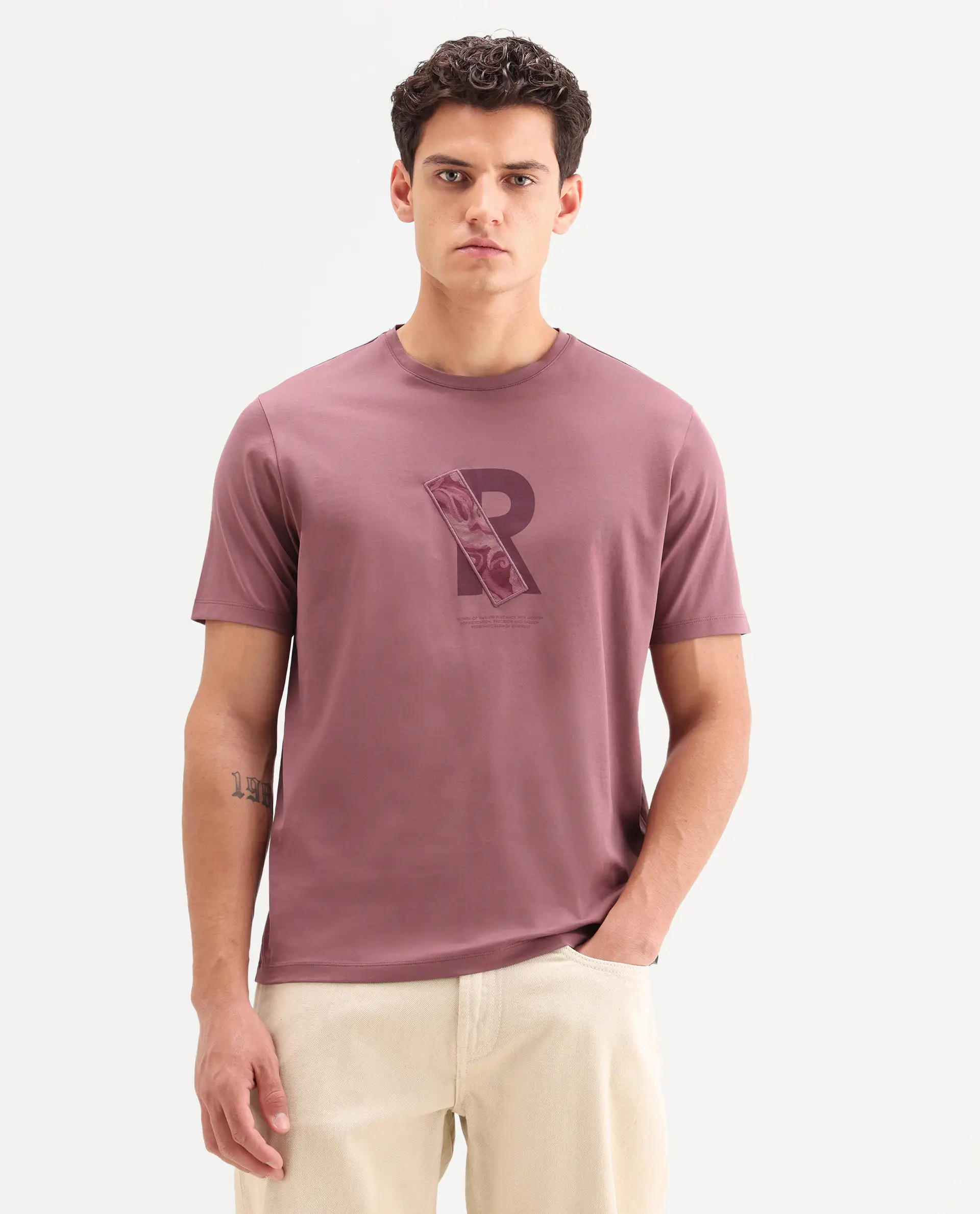 Rare Rabbit Men's Apli Dusky Pink Cotton Fabric Half Sleeve Crew Neck Regular Fit Graphic Print T-Shirt - Image 4