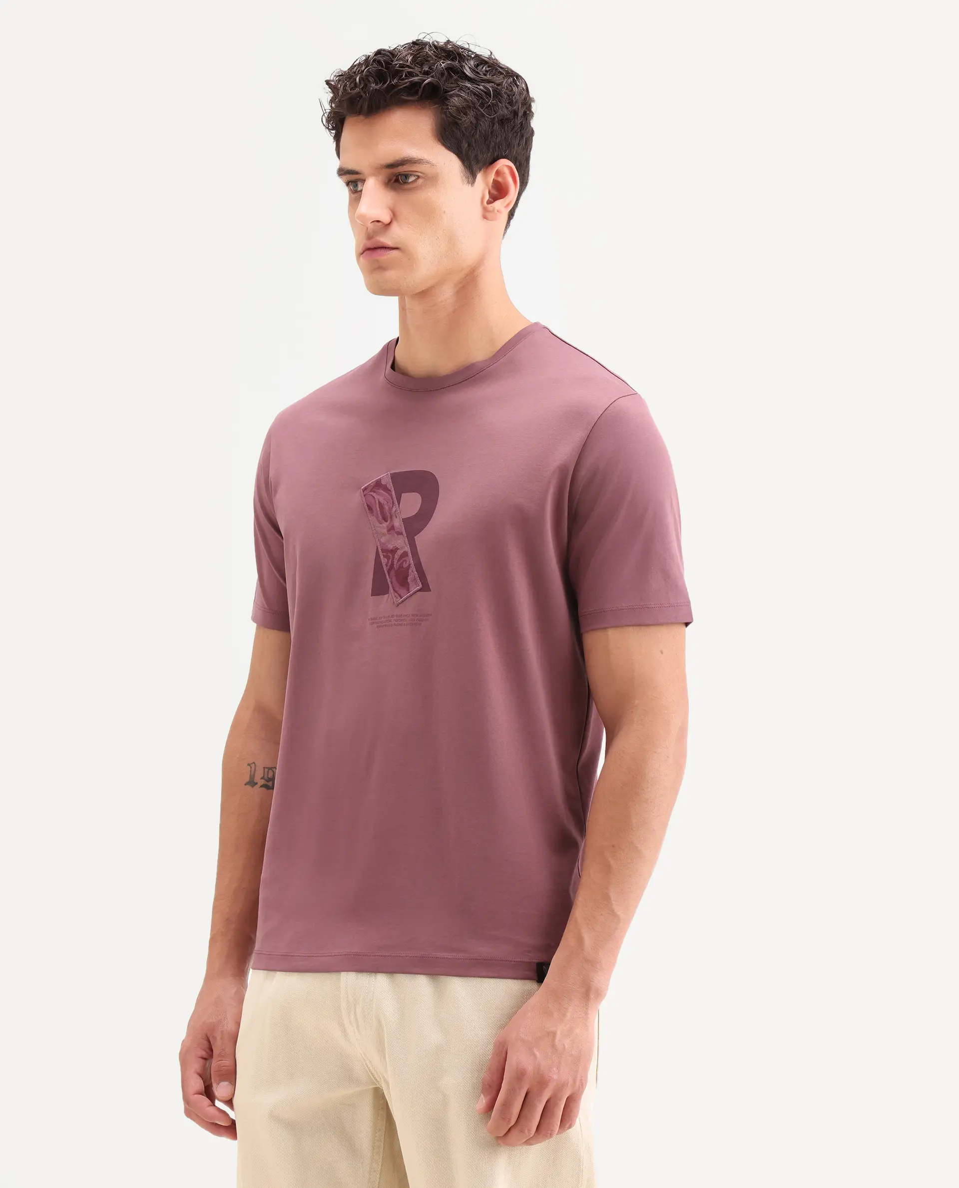 Rare Rabbit Men's Apli Dusky Pink Cotton Fabric Half Sleeve Crew Neck Regular Fit Graphic Print T-Shirt - Image 5