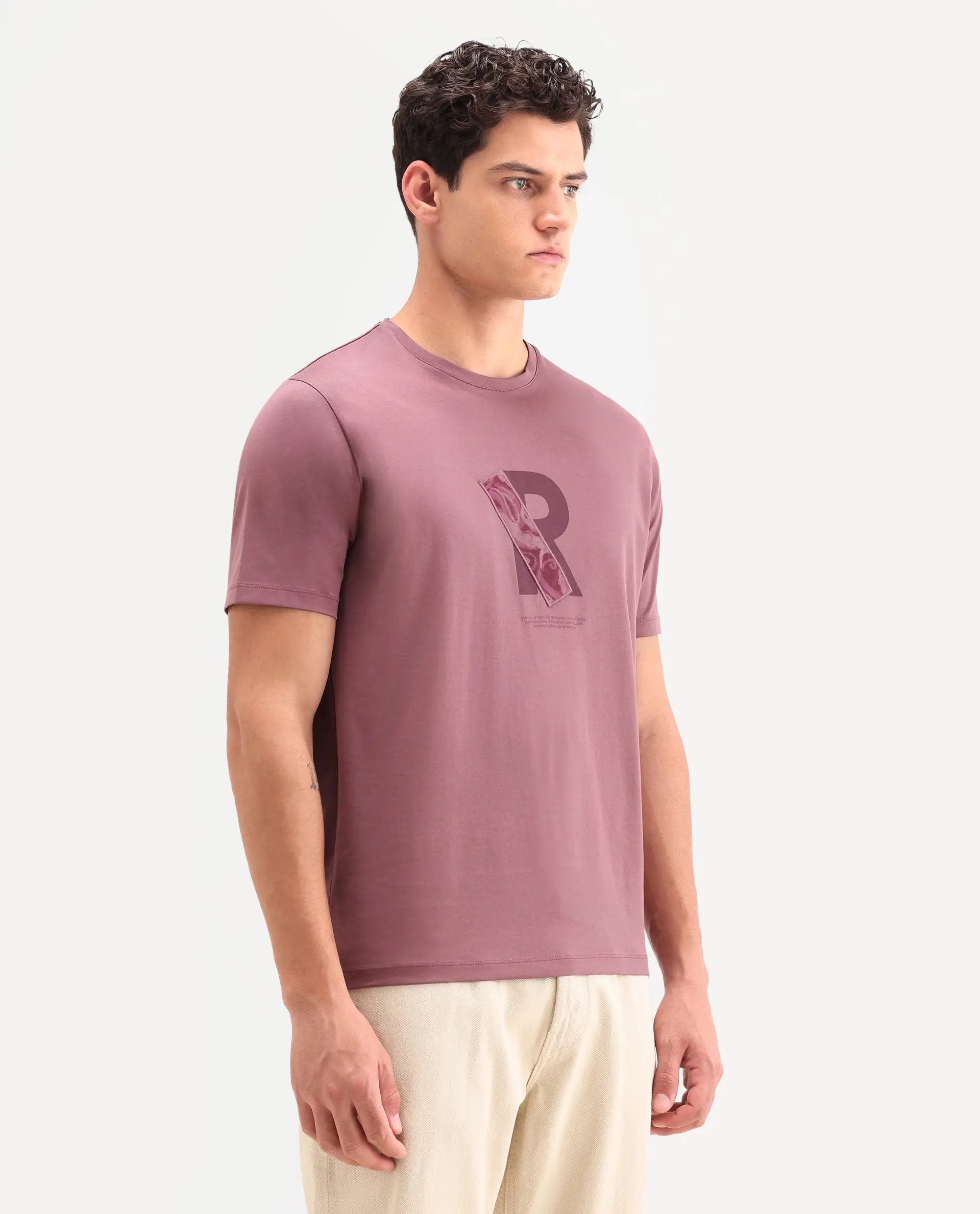 Rare Rabbit Men's Apli Dusky Pink Cotton Fabric Half Sleeve Crew Neck Regular Fit Graphic Print T-Shirt - Image 6