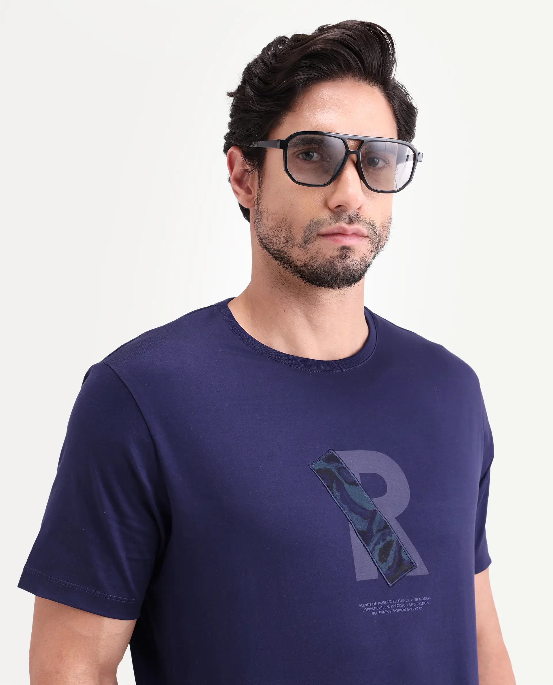 Rare Rabbit Men's Apli Flouroscent Navy Cotton Fabric Half Sleeve Crew Neck Regular Fit Graphic Print T-Shirt