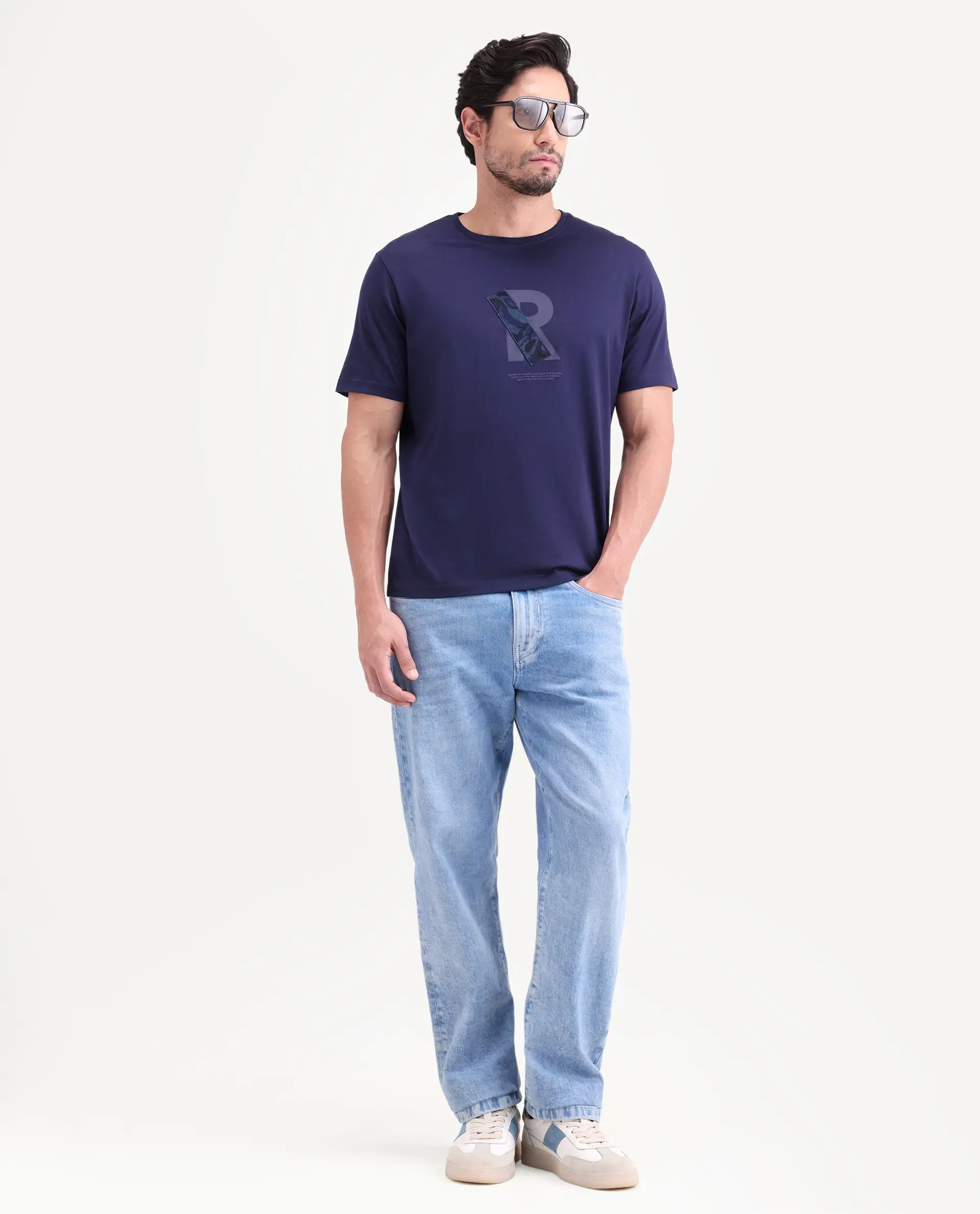 Rare Rabbit Men's Apli Flouroscent Navy Cotton Fabric Half Sleeve Crew Neck Regular Fit Graphic Print T-Shirt - Image 2