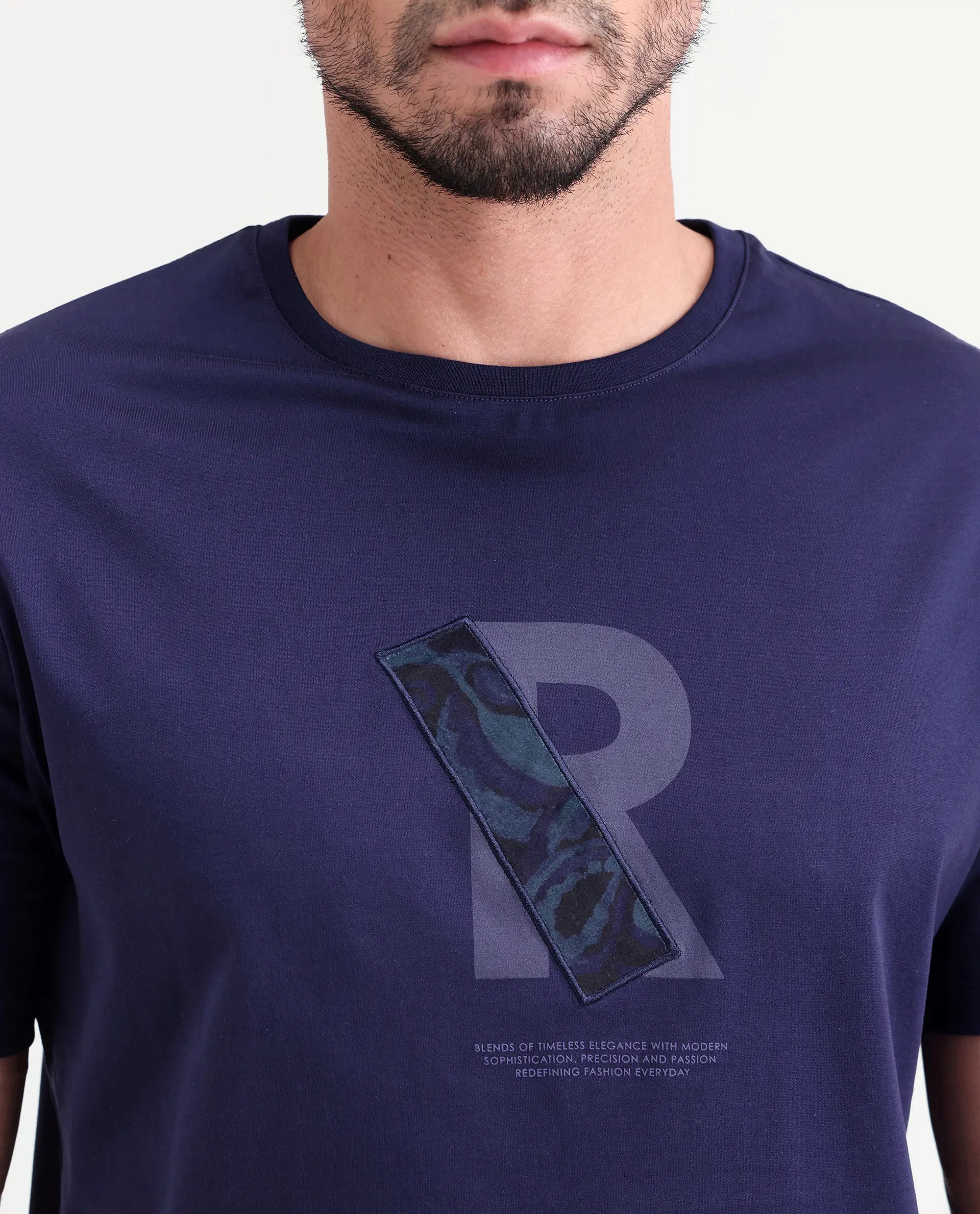 Rare Rabbit Men's Apli Flouroscent Navy Cotton Fabric Half Sleeve Crew Neck Regular Fit Graphic Print T-Shirt - Image 3