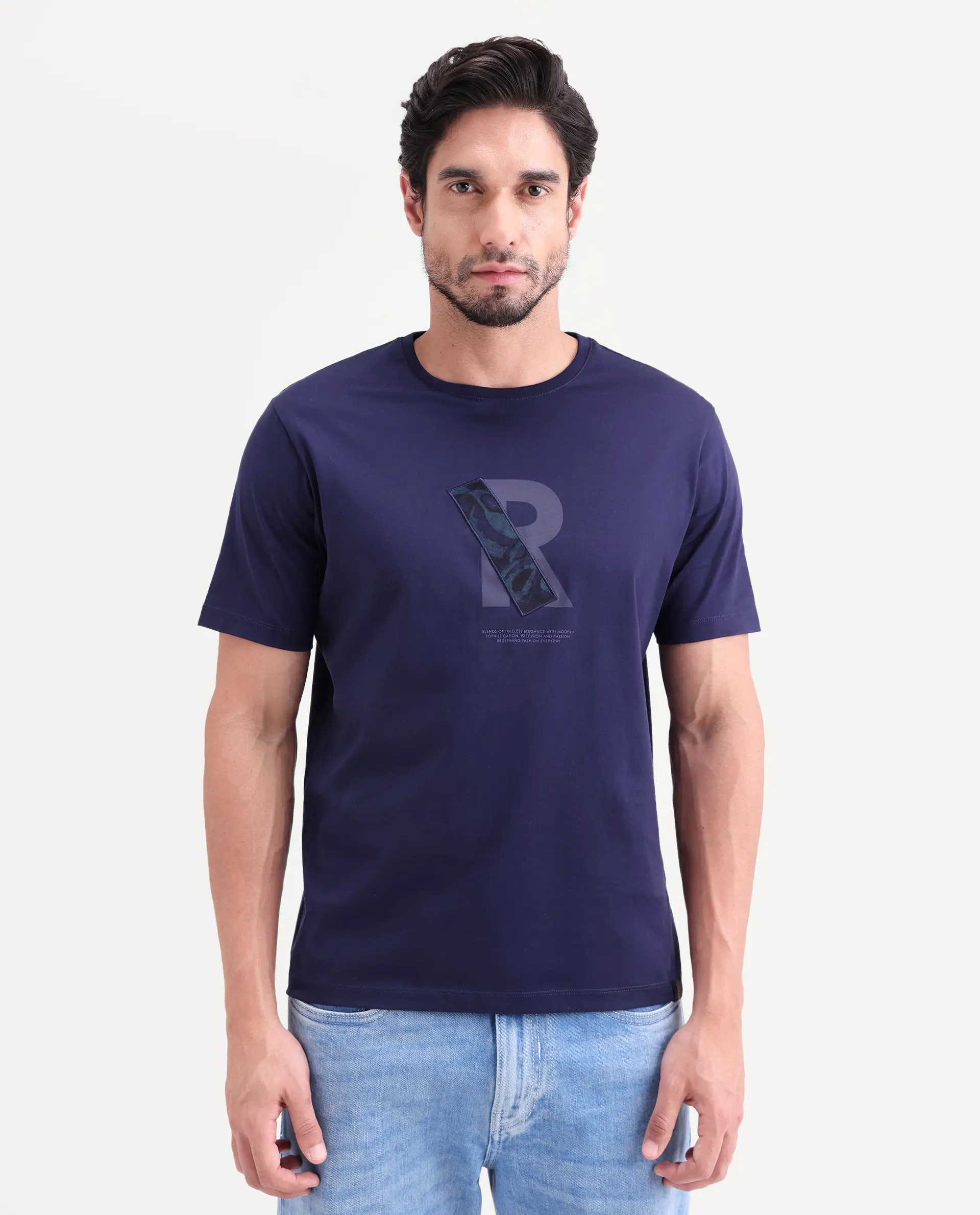 Rare Rabbit Men's Apli Flouroscent Navy Cotton Fabric Half Sleeve Crew Neck Regular Fit Graphic Print T-Shirt - Image 4