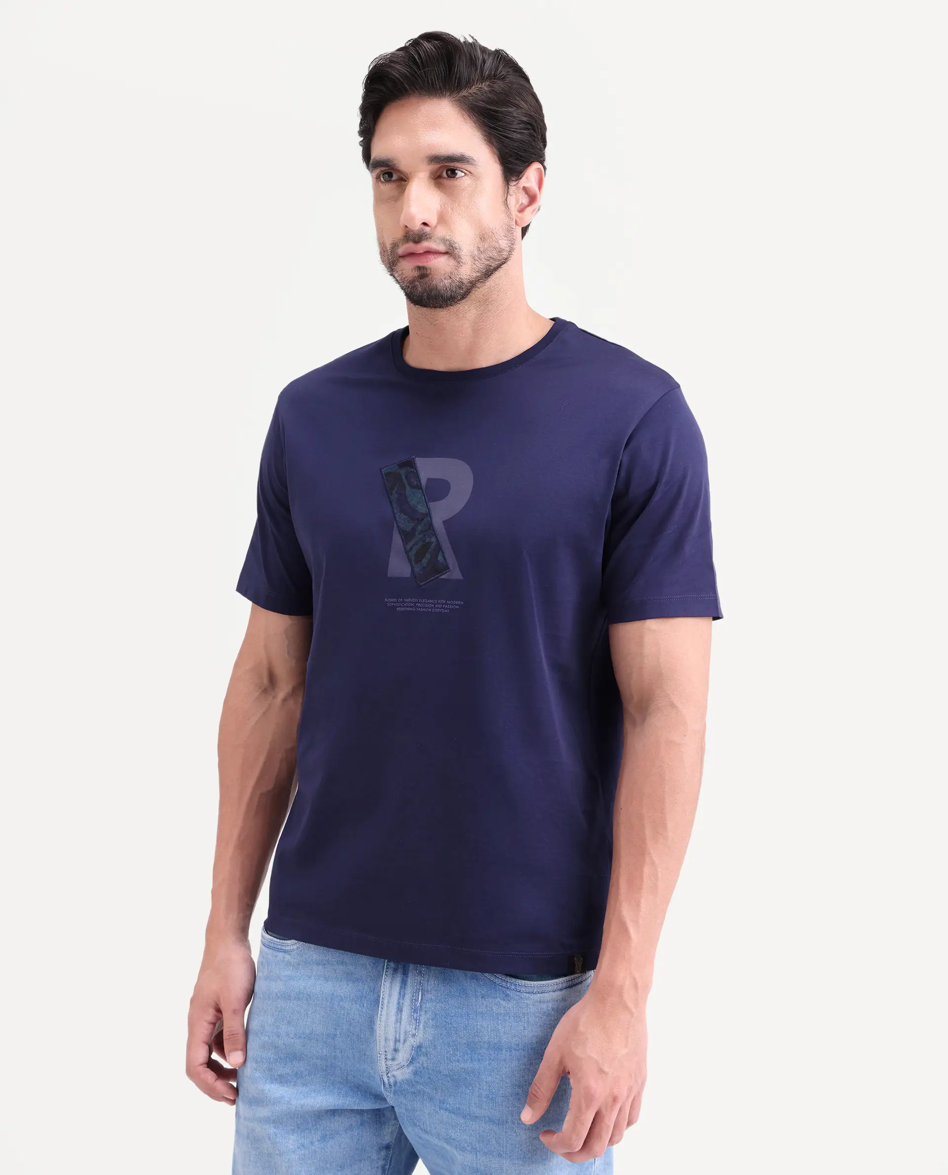 Rare Rabbit Men's Apli Flouroscent Navy Cotton Fabric Half Sleeve Crew Neck Regular Fit Graphic Print T-Shirt - Image 5