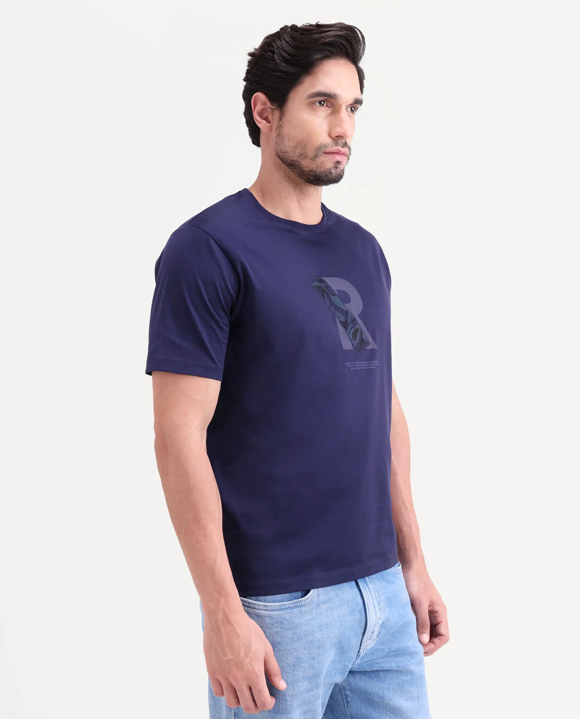 Rare Rabbit Men's Apli Flouroscent Navy Cotton Fabric Half Sleeve Crew Neck Regular Fit Graphic Print T-Shirt - Image 6