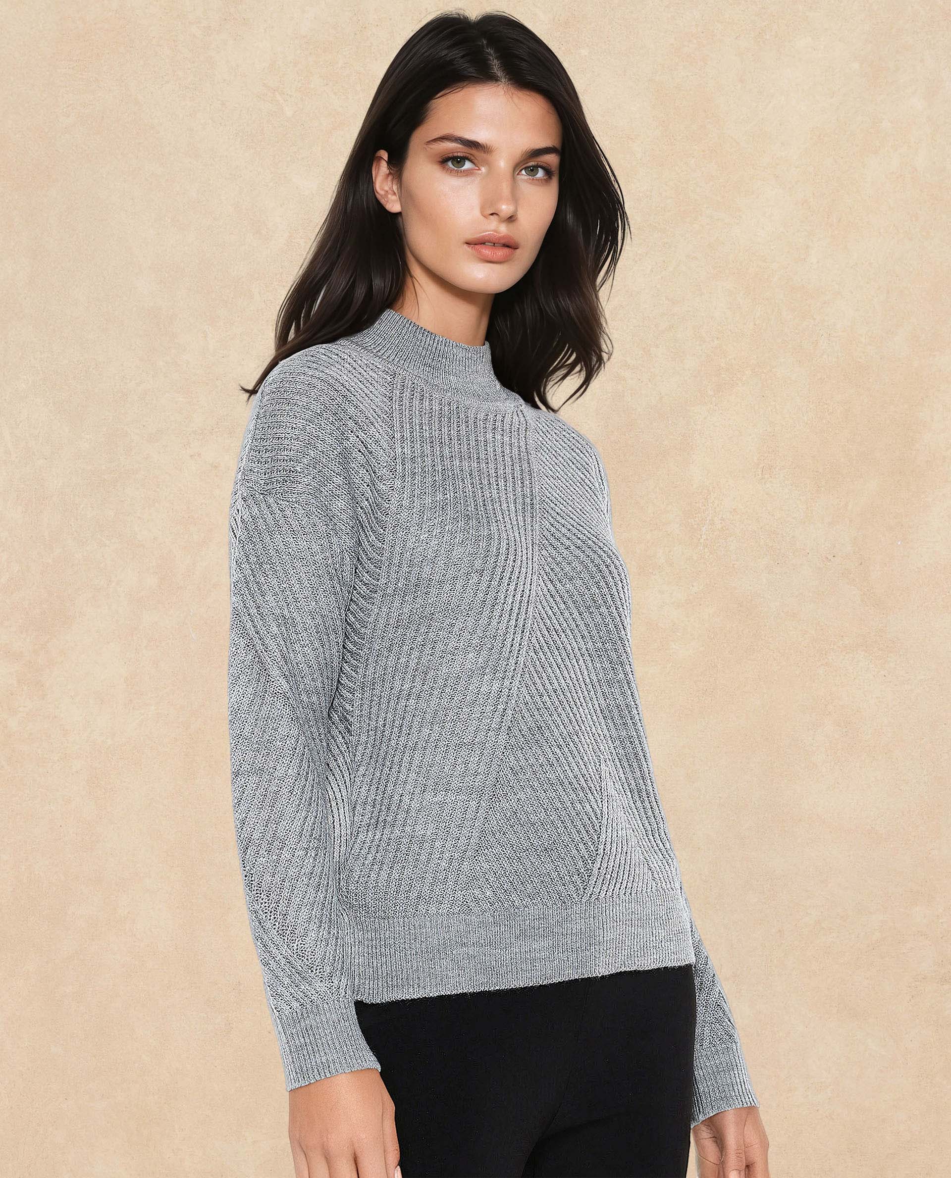 Rareism Women's Apole Grey Acrylic High Neck Plain Regular Fit Sweater - Image 3