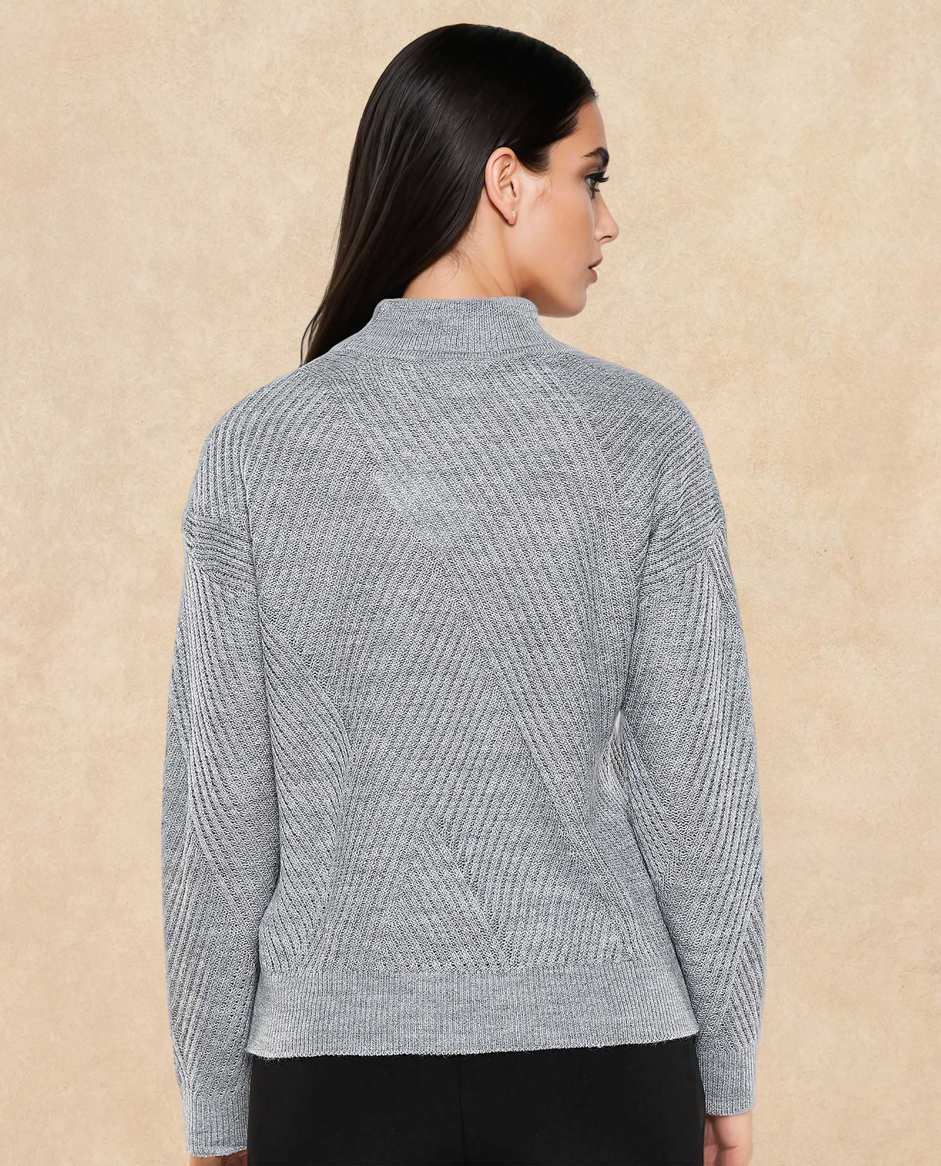 Rareism Women's Apole Grey Acrylic High Neck Plain Regular Fit Sweater - Image 5