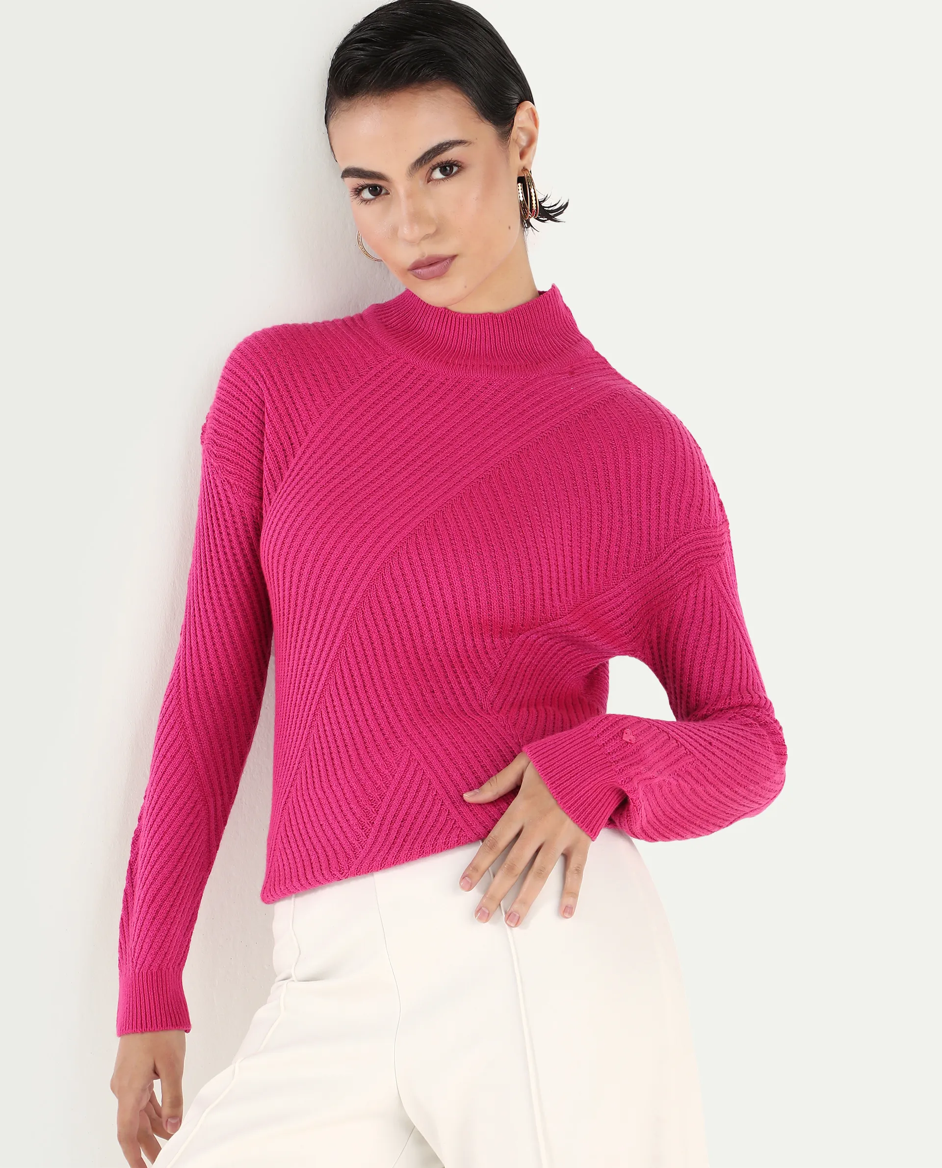 Rareism Women's Apole Pink Acrylic High Neck Plain Regular Fit Sweater