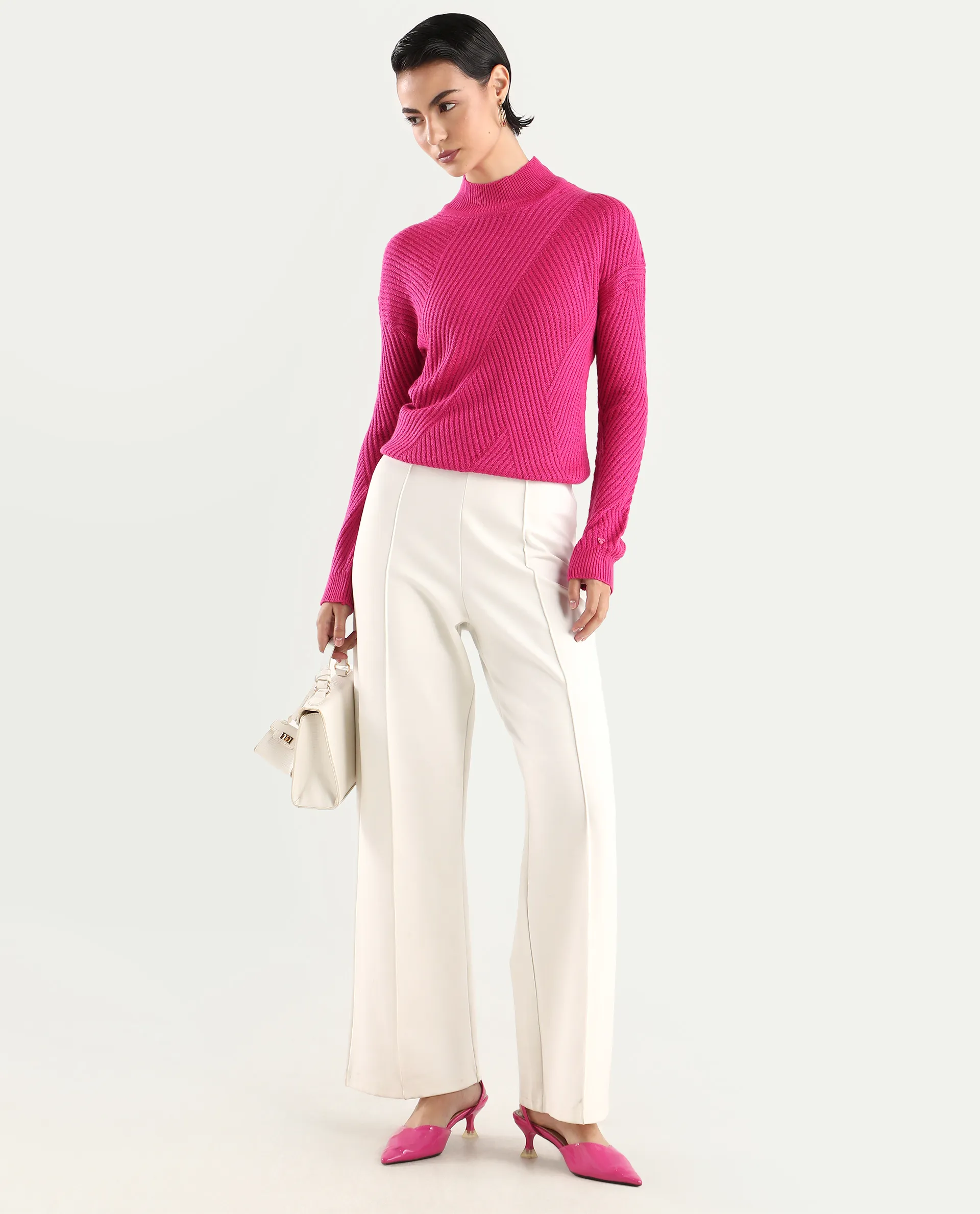 Rareism Women's Apole Pink Acrylic High Neck Plain Regular Fit Sweater - Image 2
