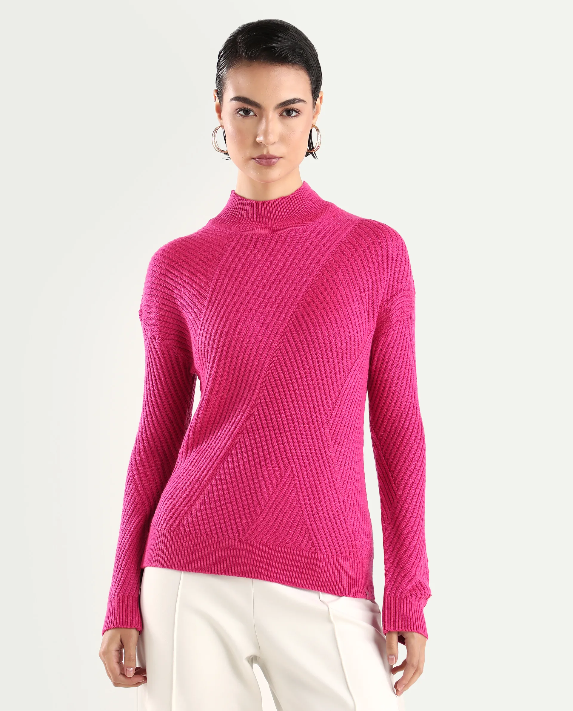 Rareism Women's Apole Pink Acrylic High Neck Plain Regular Fit Sweater - Image 3