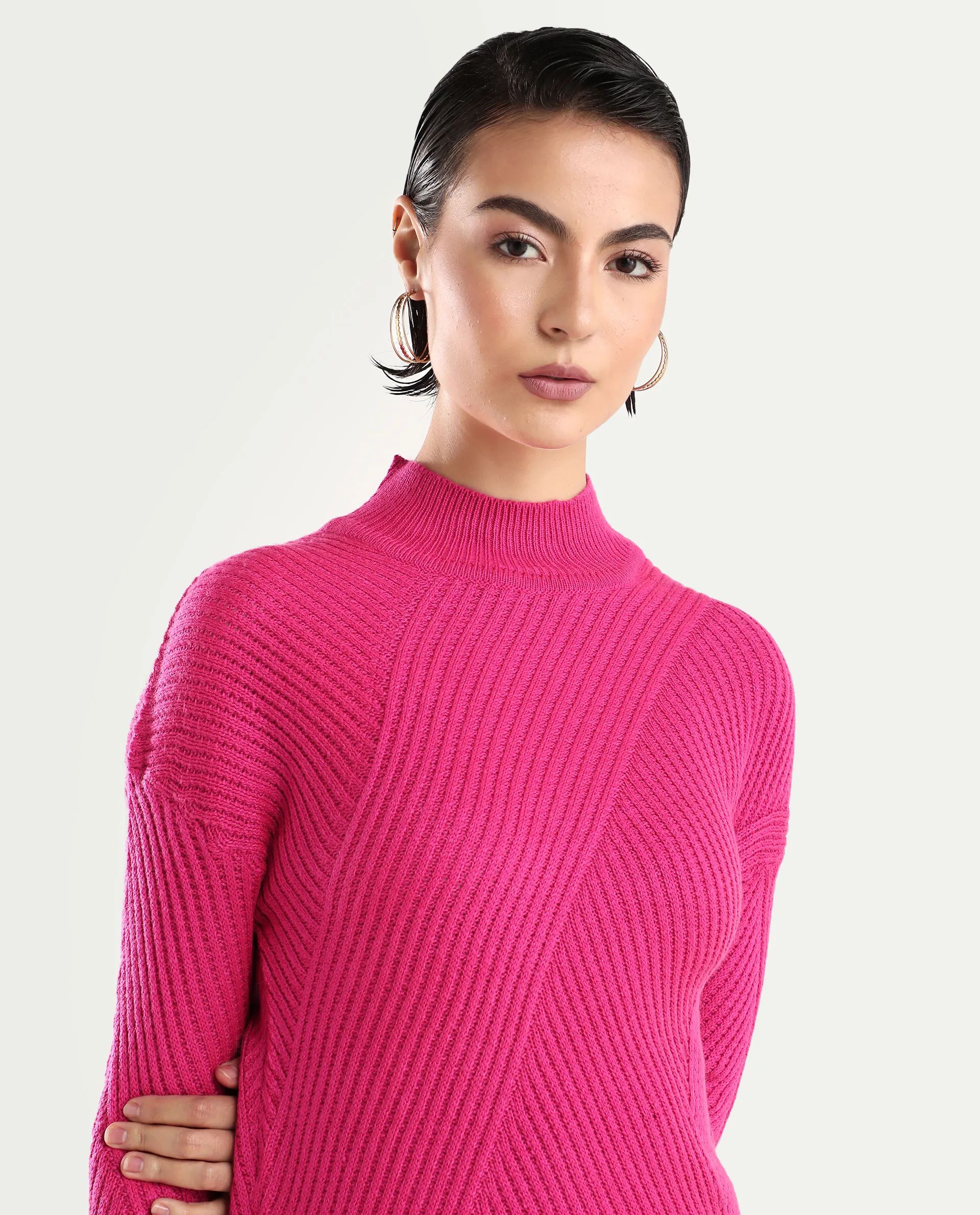 Rareism Women's Apole Pink Acrylic High Neck Plain Regular Fit Sweater - Image 4