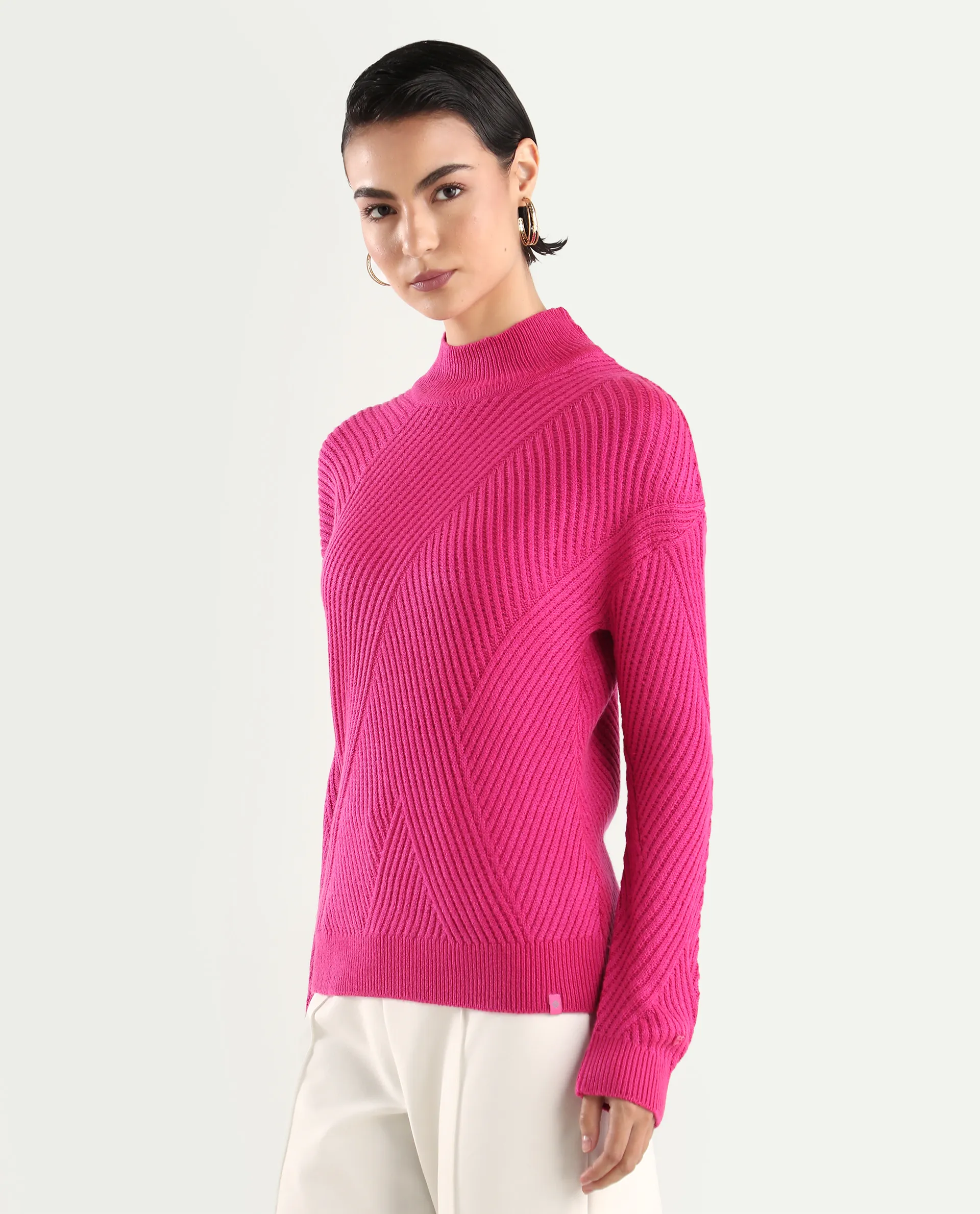 Rareism Women's Apole Pink Acrylic High Neck Plain Regular Fit Sweater - Image 6