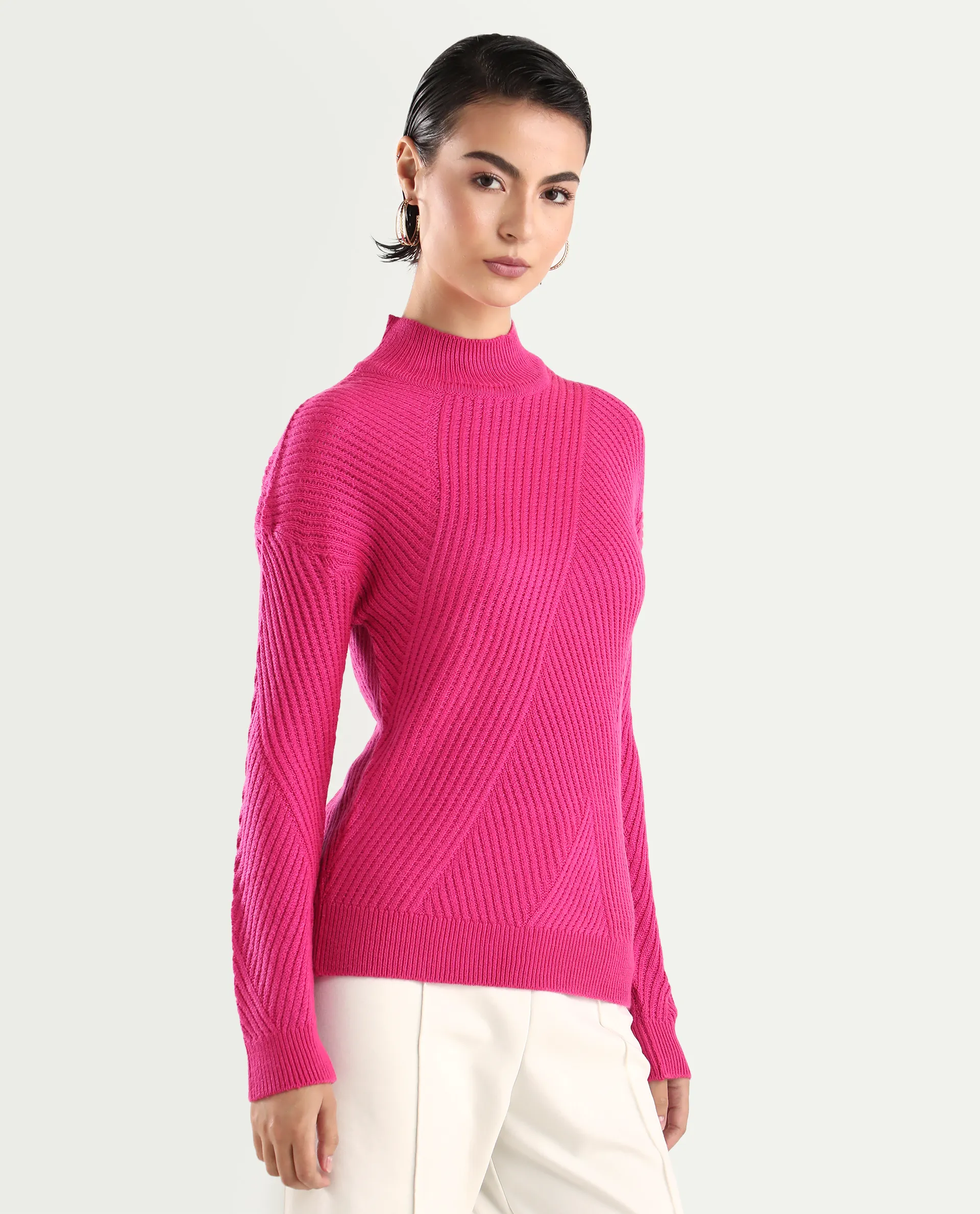 Rareism Women's Apole Pink Acrylic High Neck Plain Regular Fit Sweater - Image 7