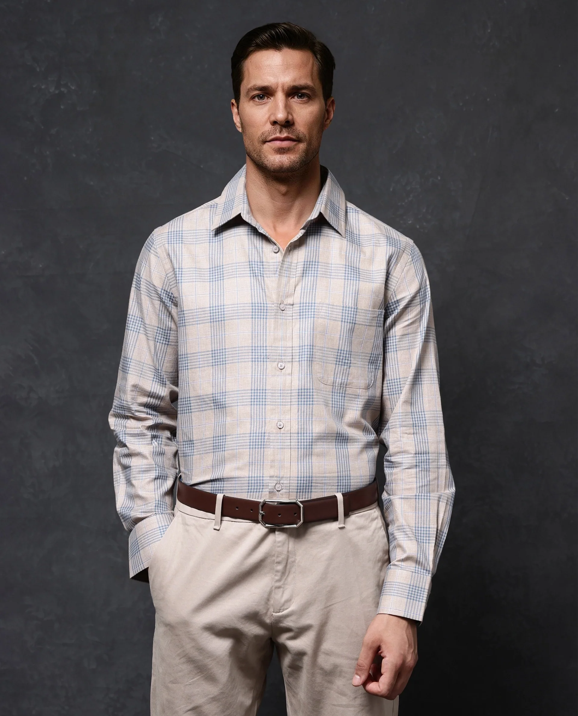 Rare Rabbit Men's Aporo Beige Cotton Checked Print Regular Fit Full Sleeve Collared Shirt - Image 5