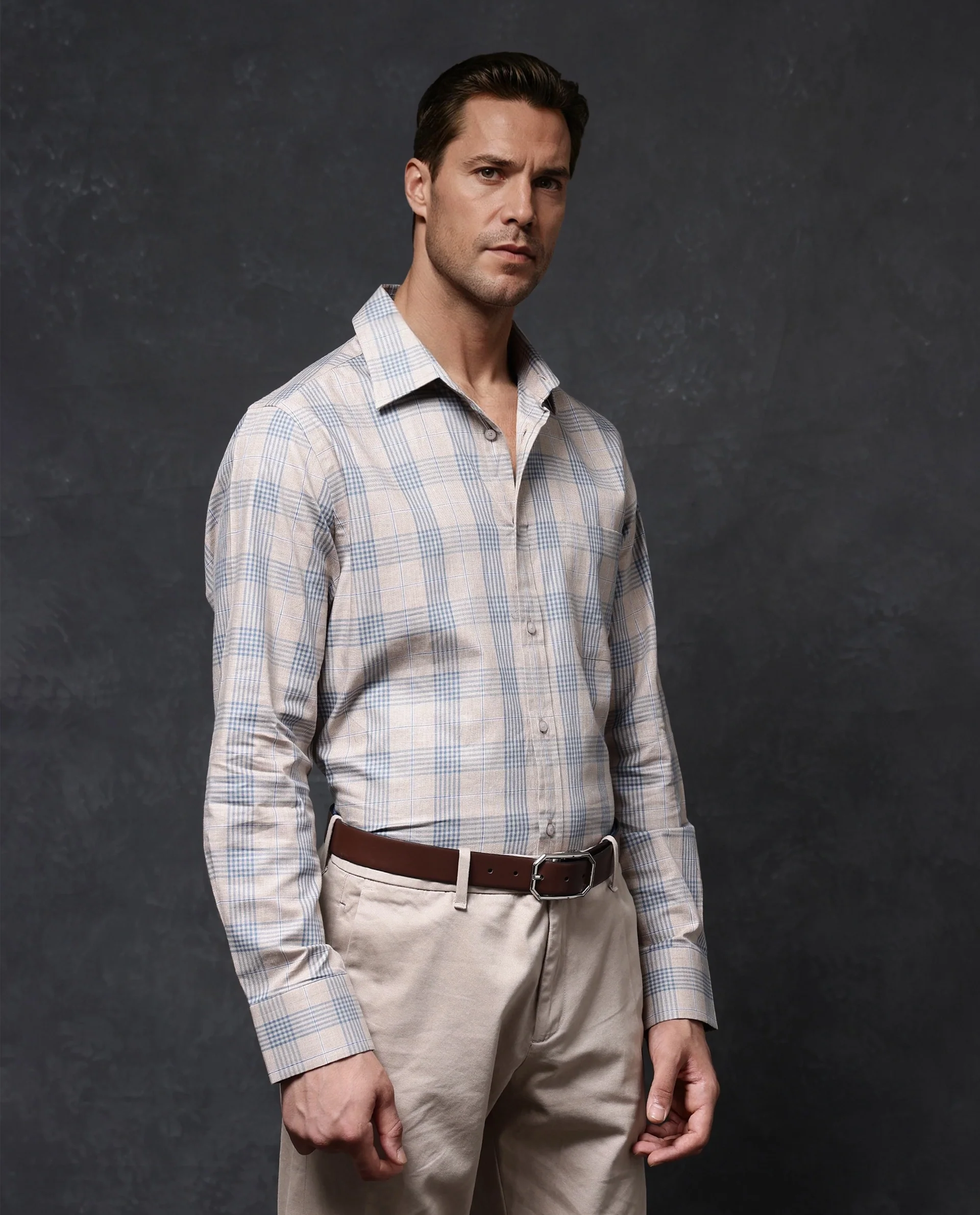 Rare Rabbit Men's Aporo Beige Cotton Checked Print Regular Fit Full Sleeve Collared Shirt - Image 6