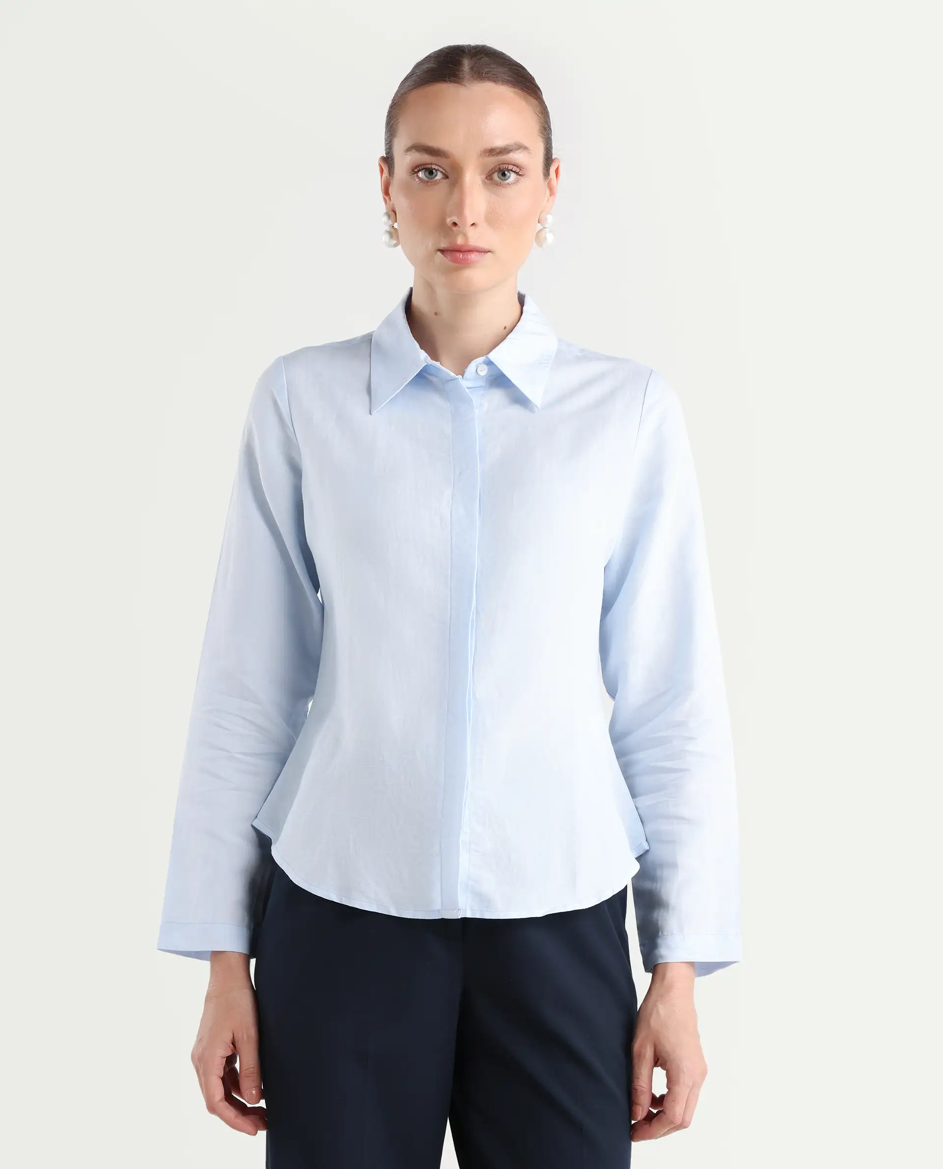 Rareism Women's Appleby Blue Modal Blend Drop Collar Plain Cuffed Sleeve Regular Fit Shirt - Image 2