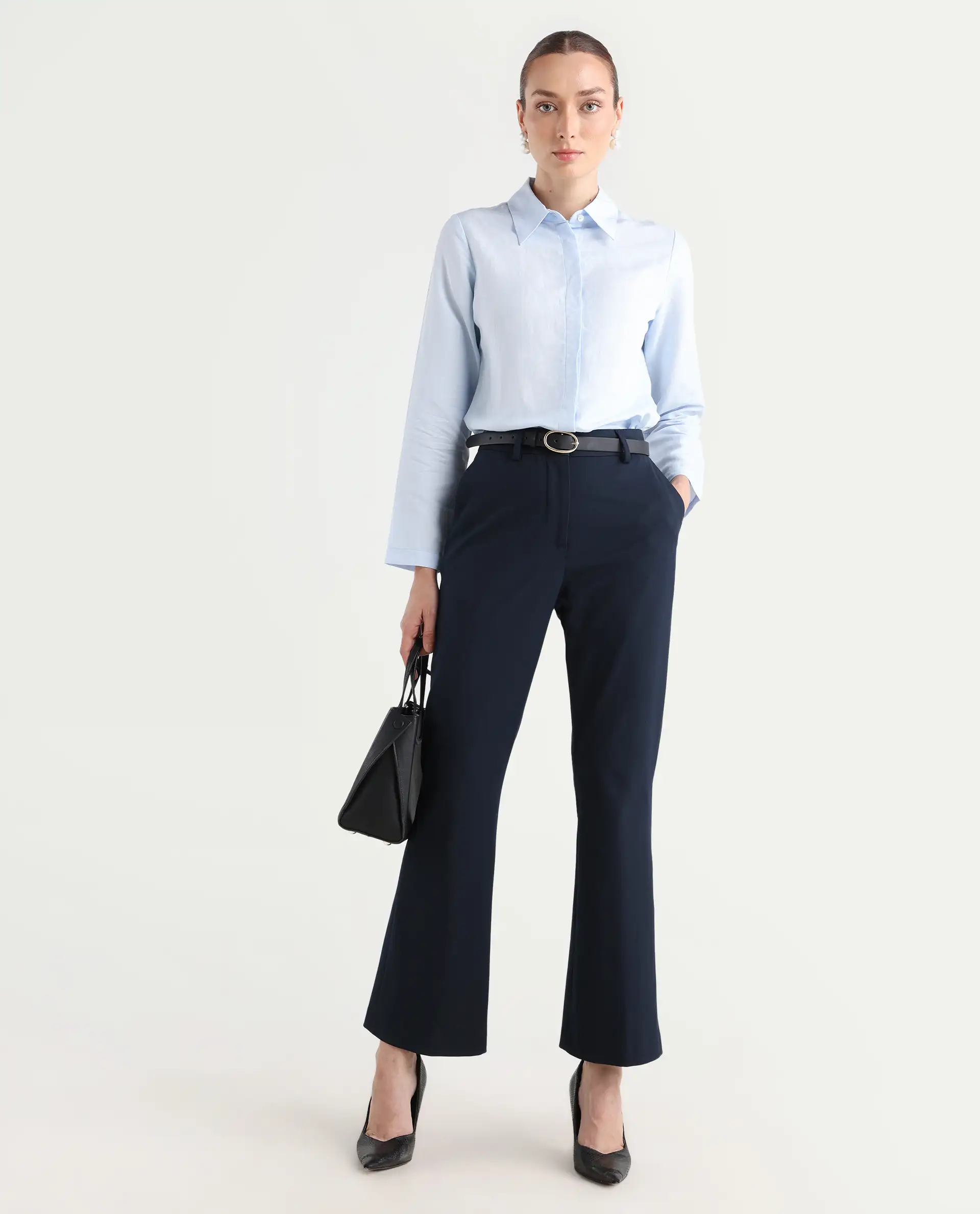 Rareism Women's Appleby Blue Modal Blend Drop Collar Plain Cuffed Sleeve Regular Fit Shirt - Image 3
