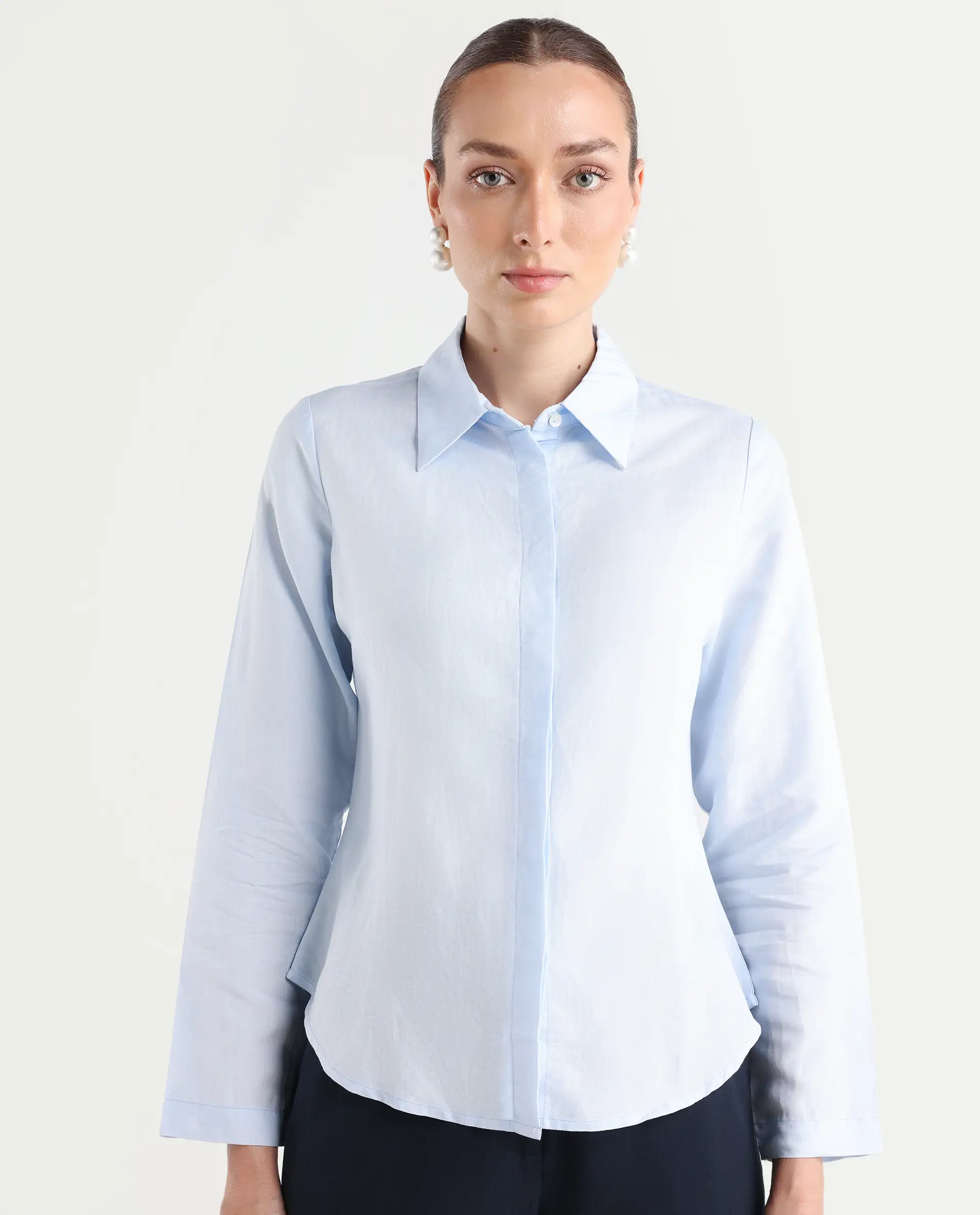 Rareism Women's Appleby Blue Modal Blend Drop Collar Plain Cuffed Sleeve Regular Fit Shirt - Image 4