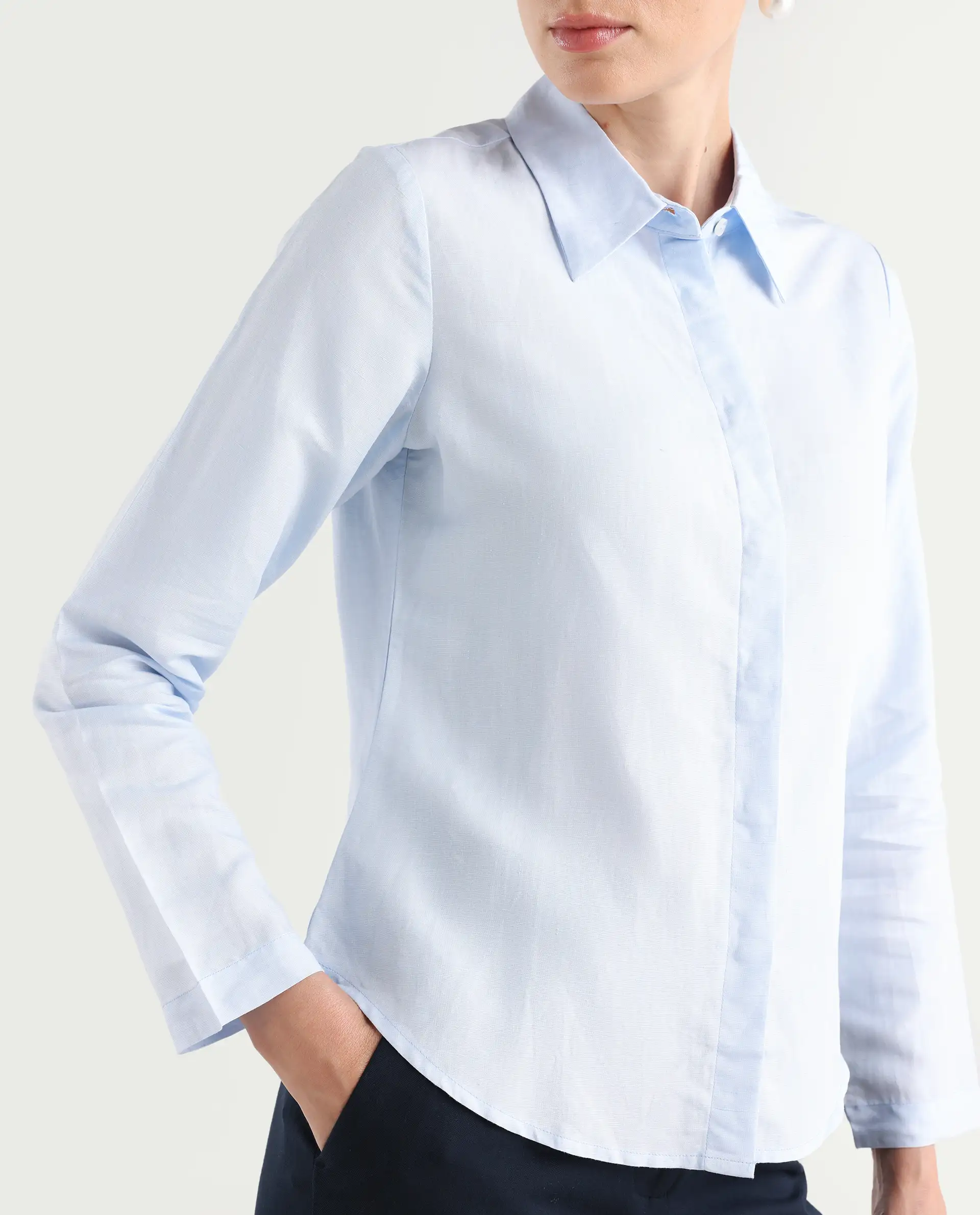 Rareism Women's Appleby Blue Modal Blend Drop Collar Plain Cuffed Sleeve Regular Fit Shirt - Image 5