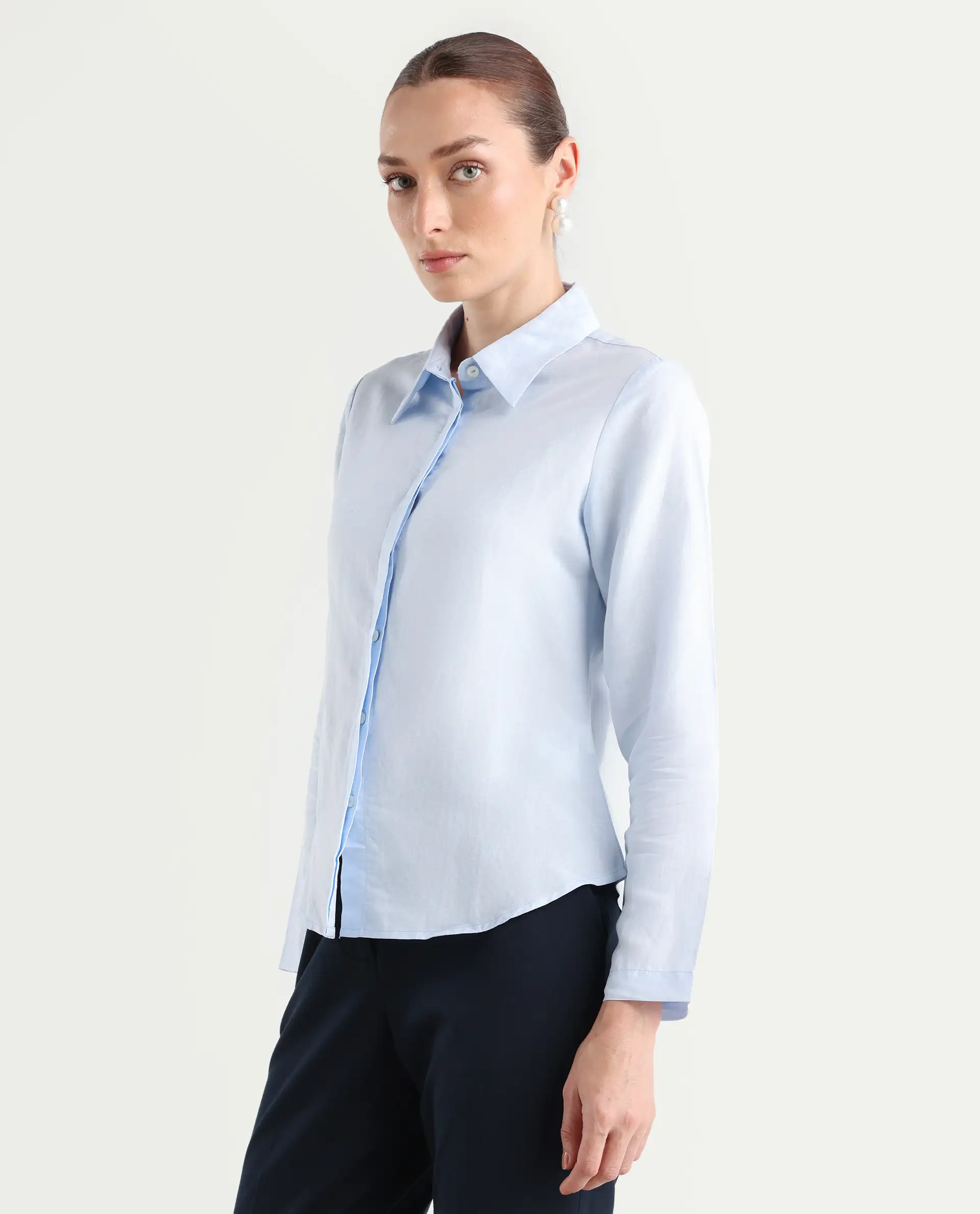 Rareism Women's Appleby Blue Modal Blend Drop Collar Plain Cuffed Sleeve Regular Fit Shirt - Image 6