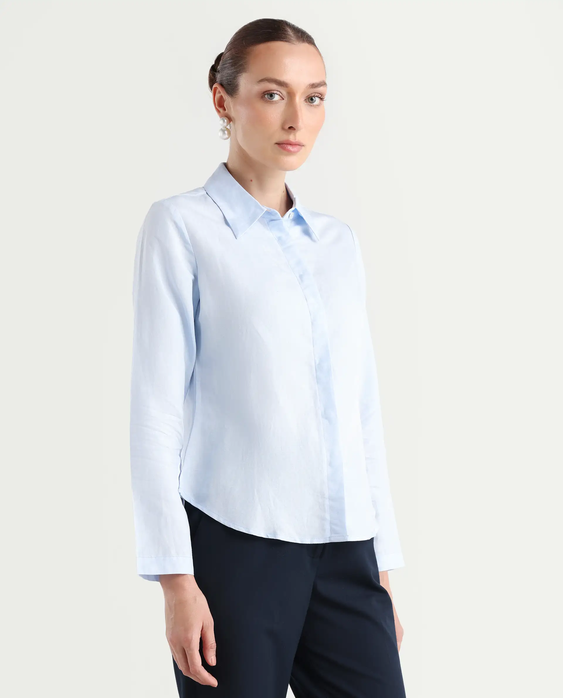 Rareism Women's Appleby Blue Modal Blend Drop Collar Plain Cuffed Sleeve Regular Fit Shirt - Image 7