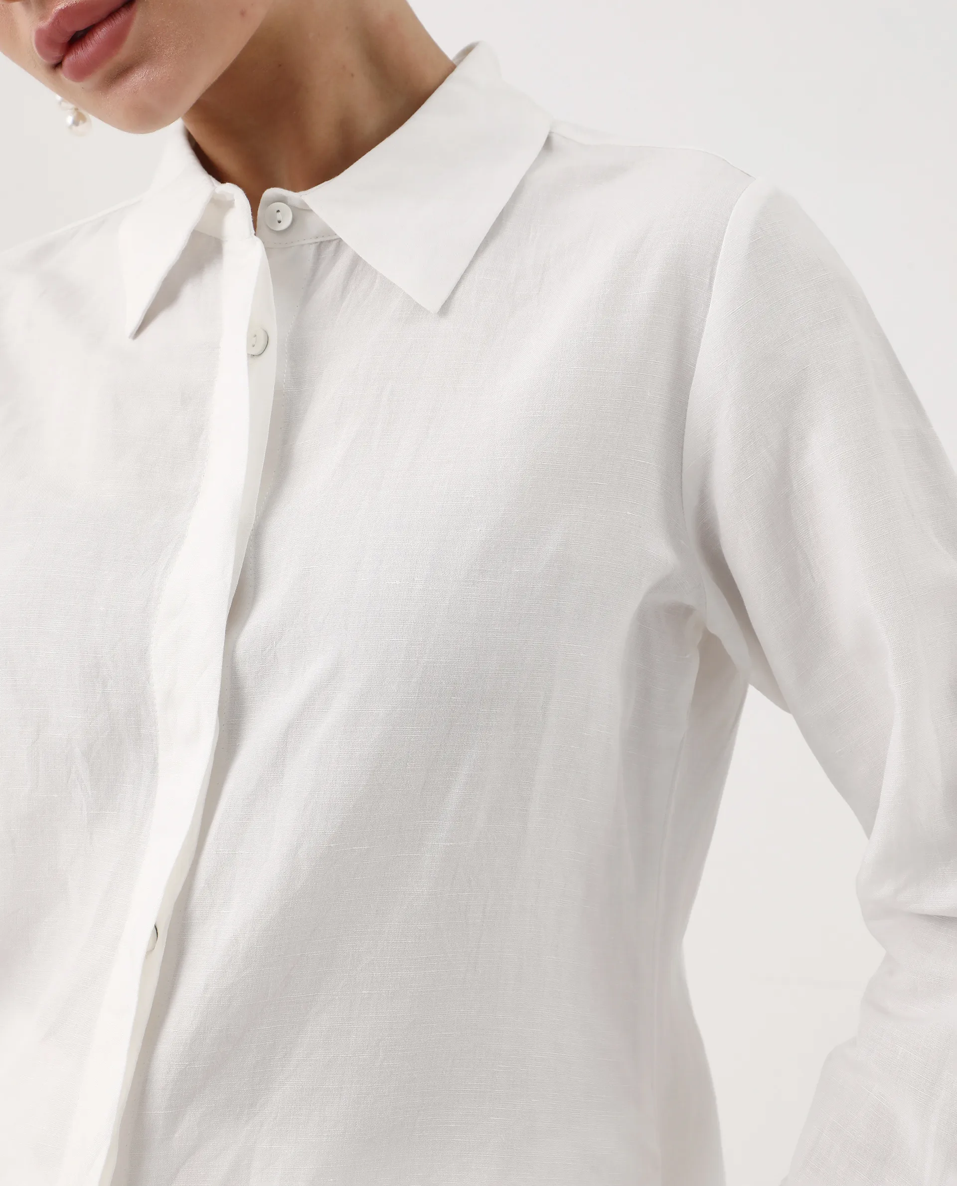 Rareism Women's Appleby White Linen Spread Collar Plain Cuffed Sleeve Regular Fit Shirt - Image 3
