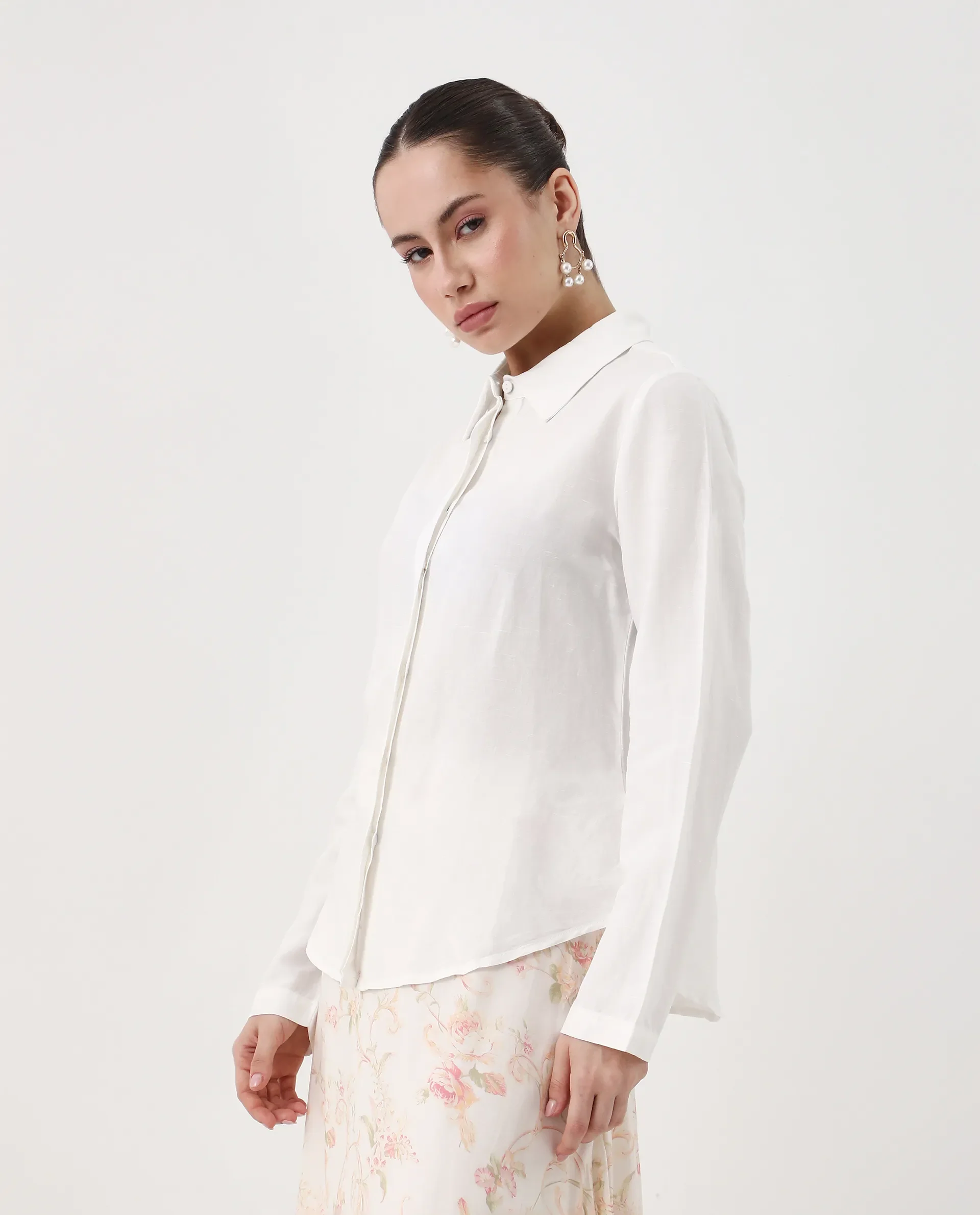 Rareism Women's Appleby White Linen Spread Collar Plain Cuffed Sleeve Regular Fit Shirt - Image 4