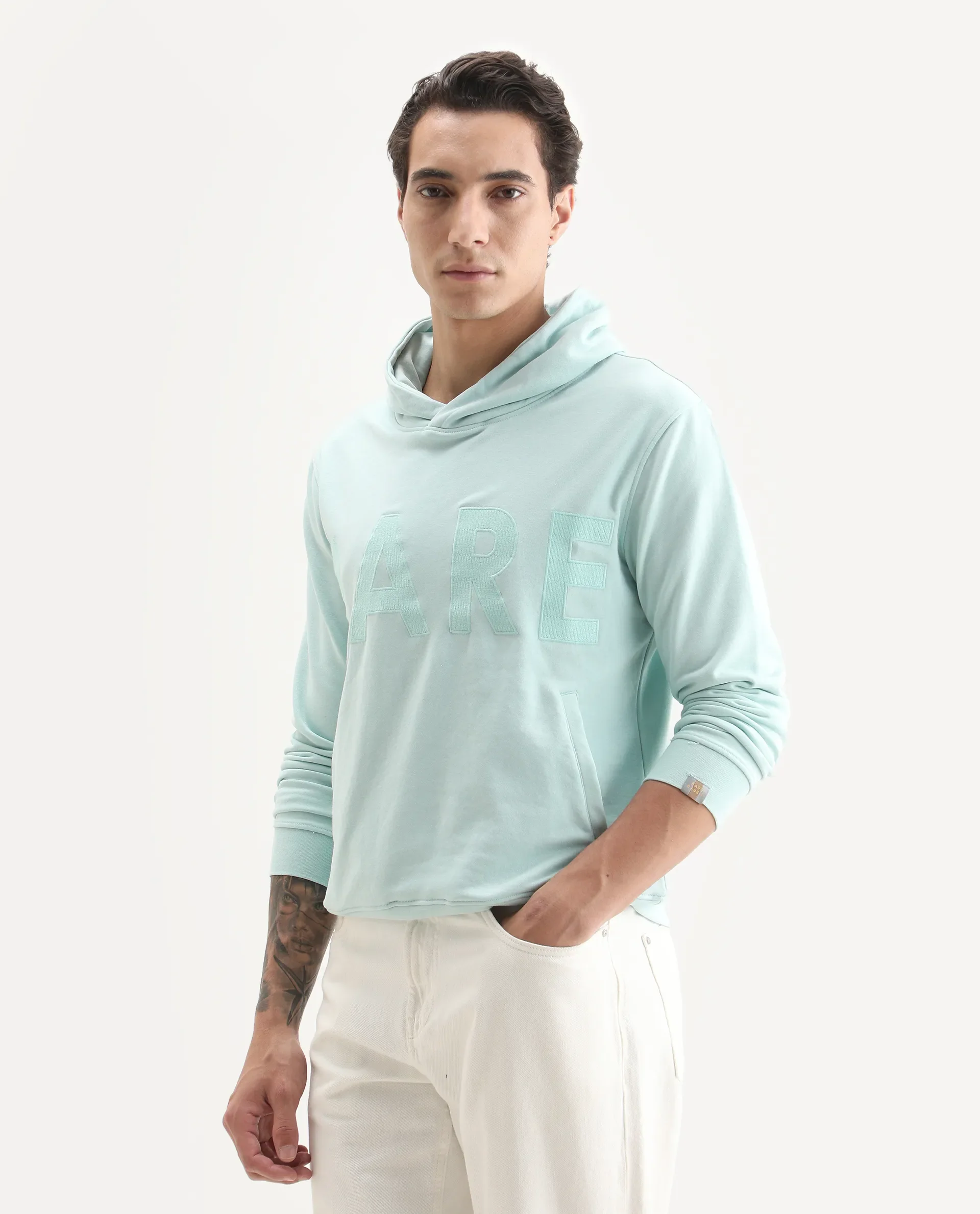 Rare Rabbit Men's April Light Blue Cotton Embroidered Regular Fit Full Sleeve Crew Neck Sweatshirt - Image 2