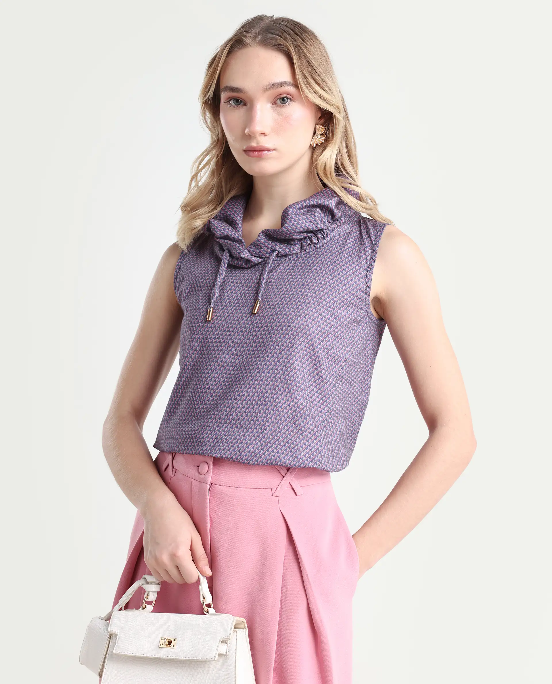 Rareism Women's Apron Grey Cotton Cowl Neck Geometric Print Top