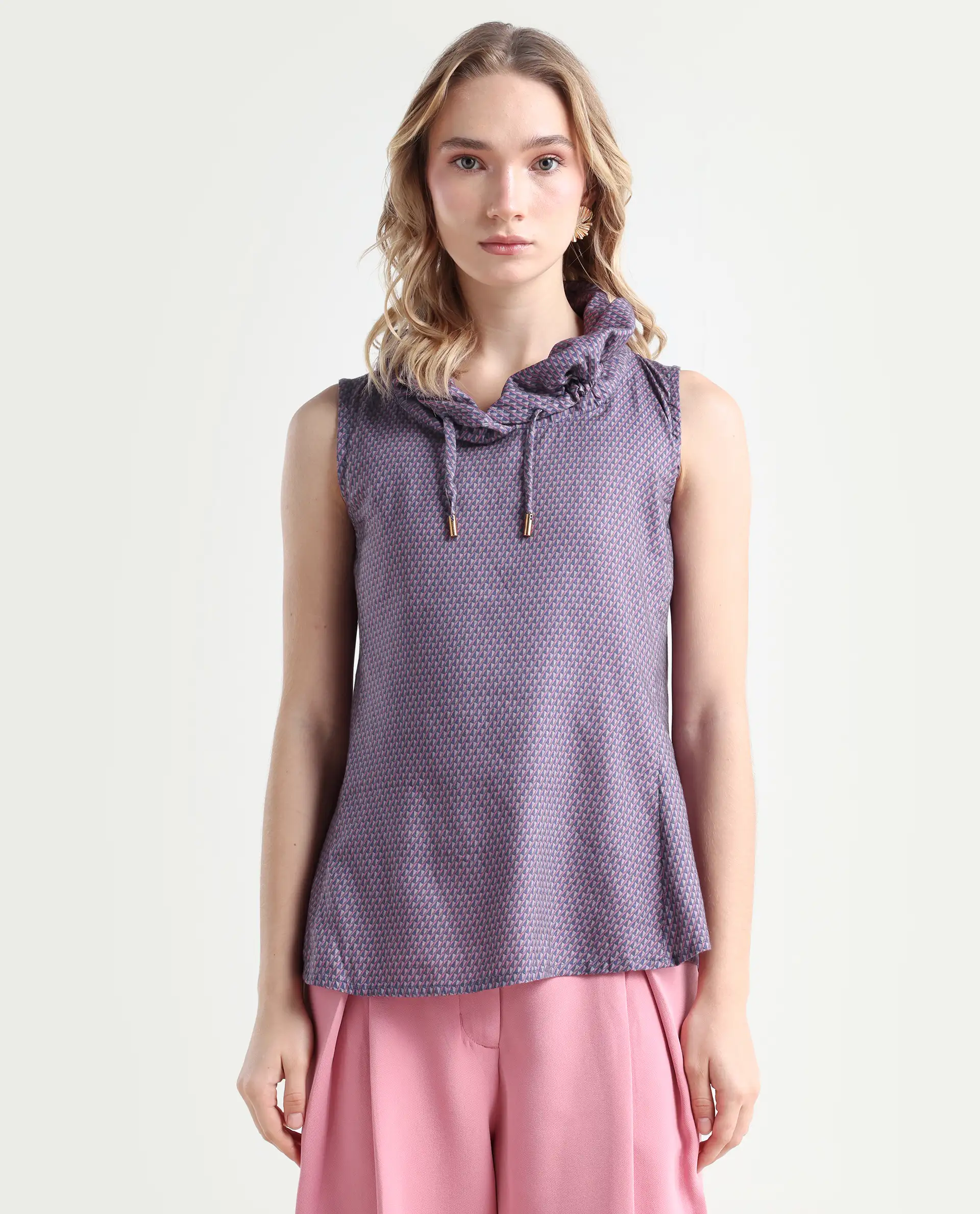 Rareism Women's Apron Grey Cotton Cowl Neck Geometric Print Top - Image 3
