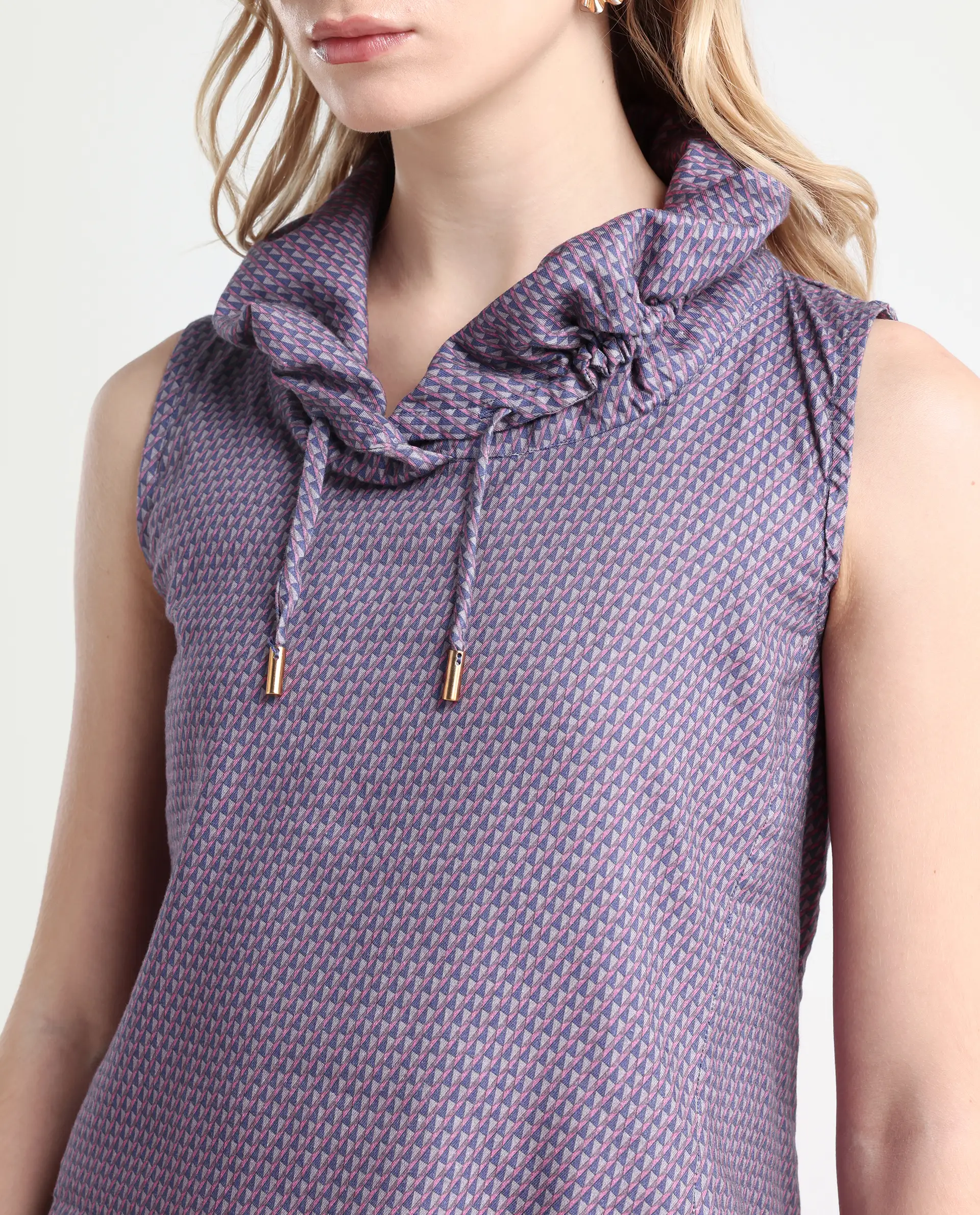 Rareism Women's Apron Grey Cotton Cowl Neck Geometric Print Top - Image 4