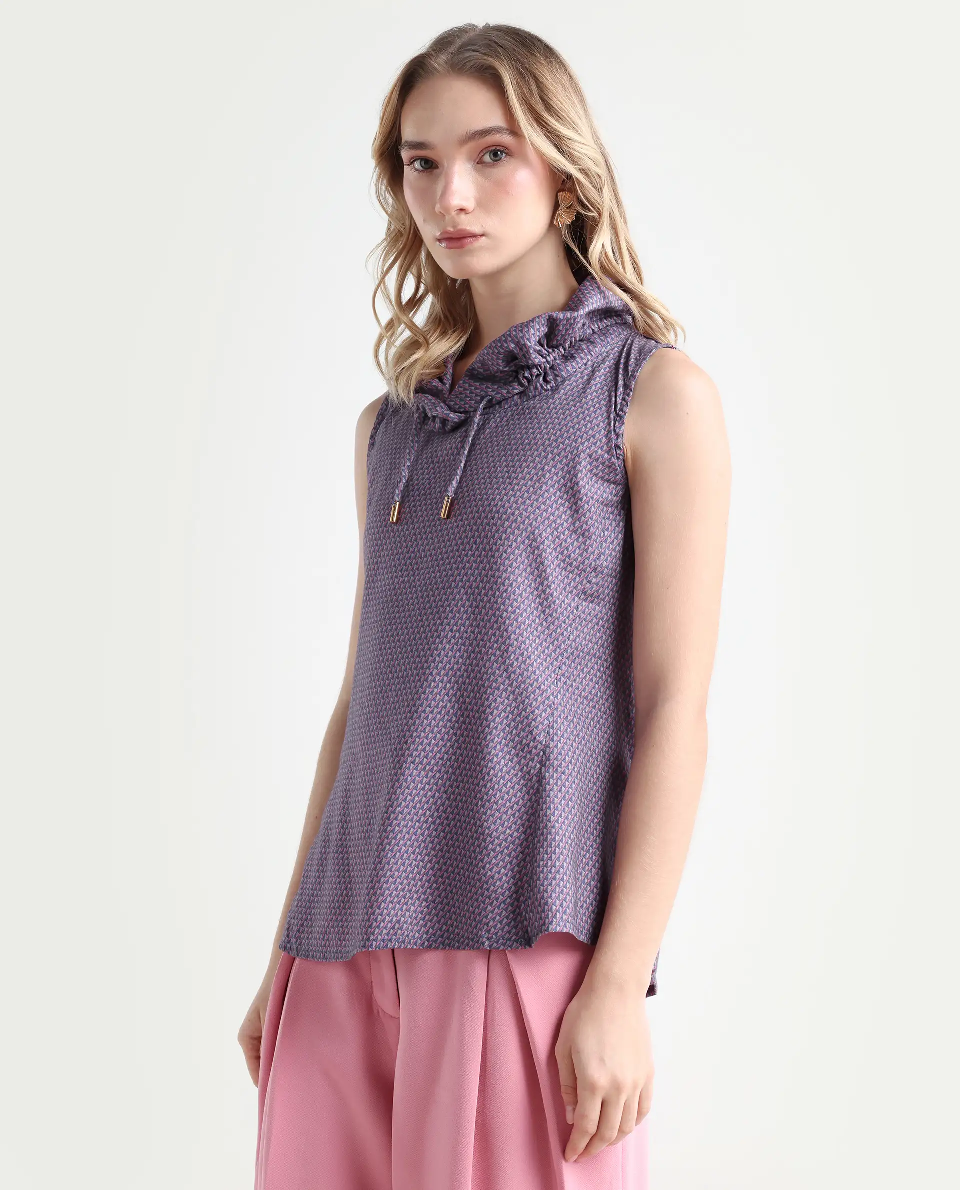 Rareism Women's Apron Grey Cotton Cowl Neck Geometric Print Top - Image 5