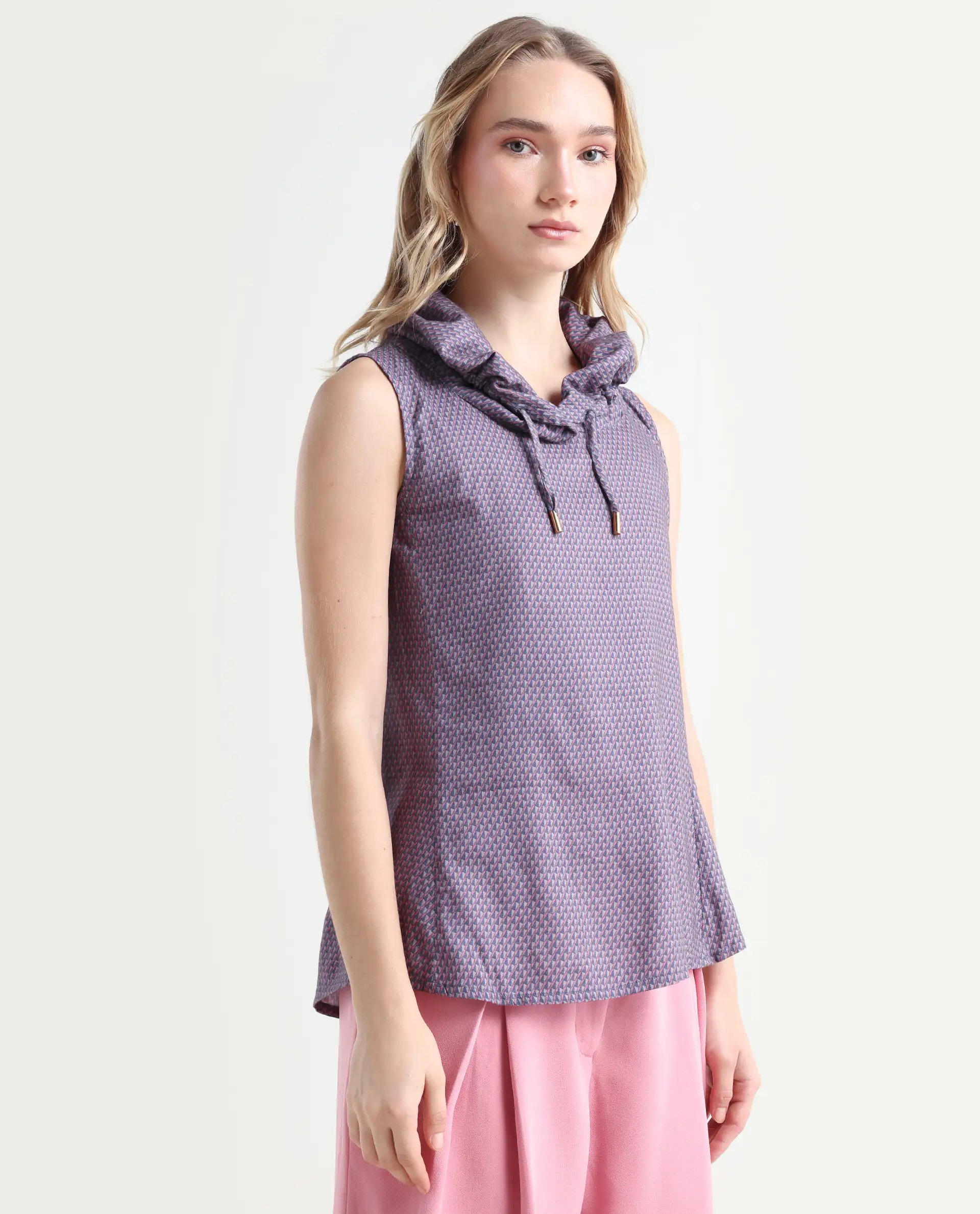 Rareism Women's Apron Grey Cotton Cowl Neck Geometric Print Top - Image 6