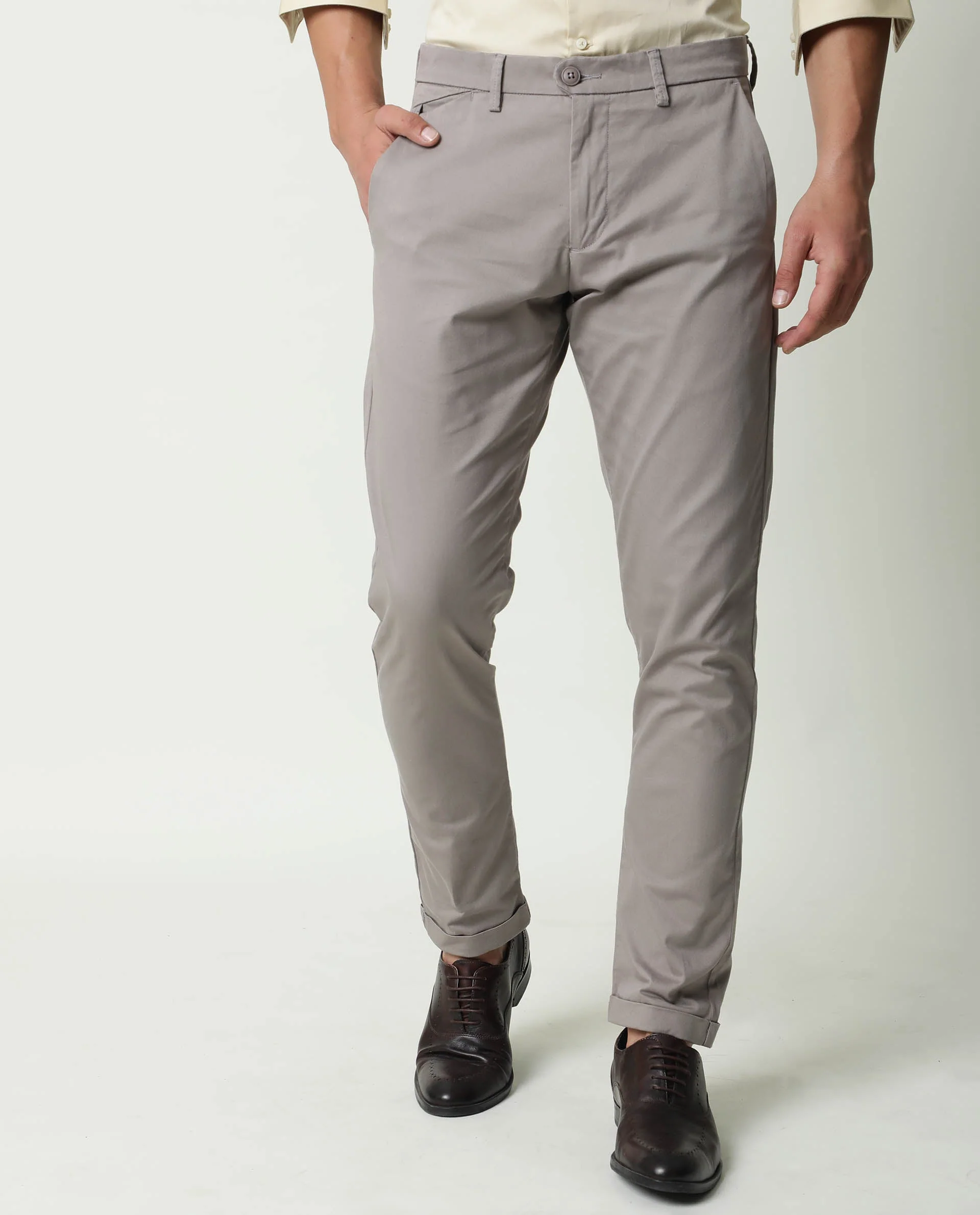Rare Rabbit Men's Aps Grey Cotton Plain Slim Fit Trouser
