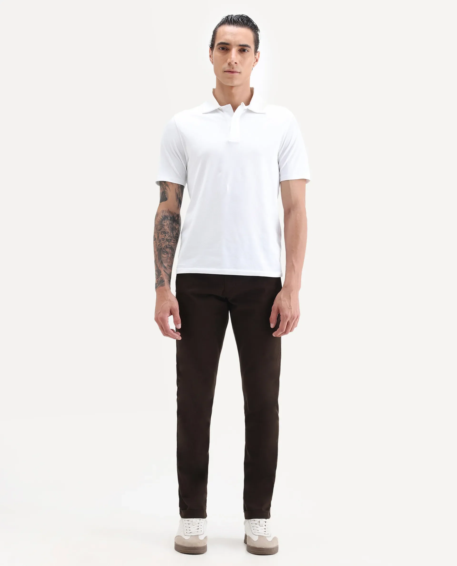 Rare Rabbit Men's Aps Coffee Cotton Plain Regular Fit Trouser - Image 4