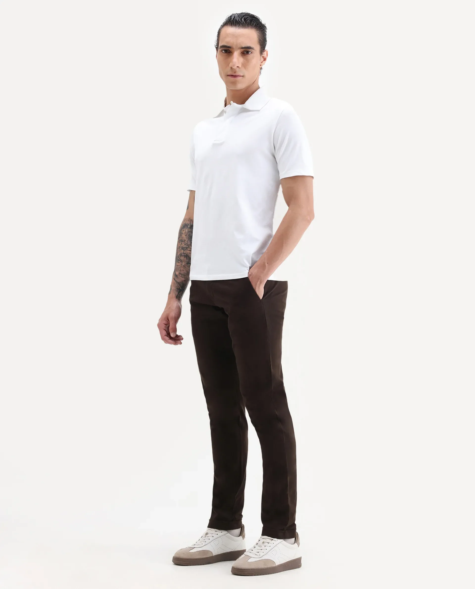 Rare Rabbit Men's Aps Coffee Cotton Plain Regular Fit Trouser - Image 5
