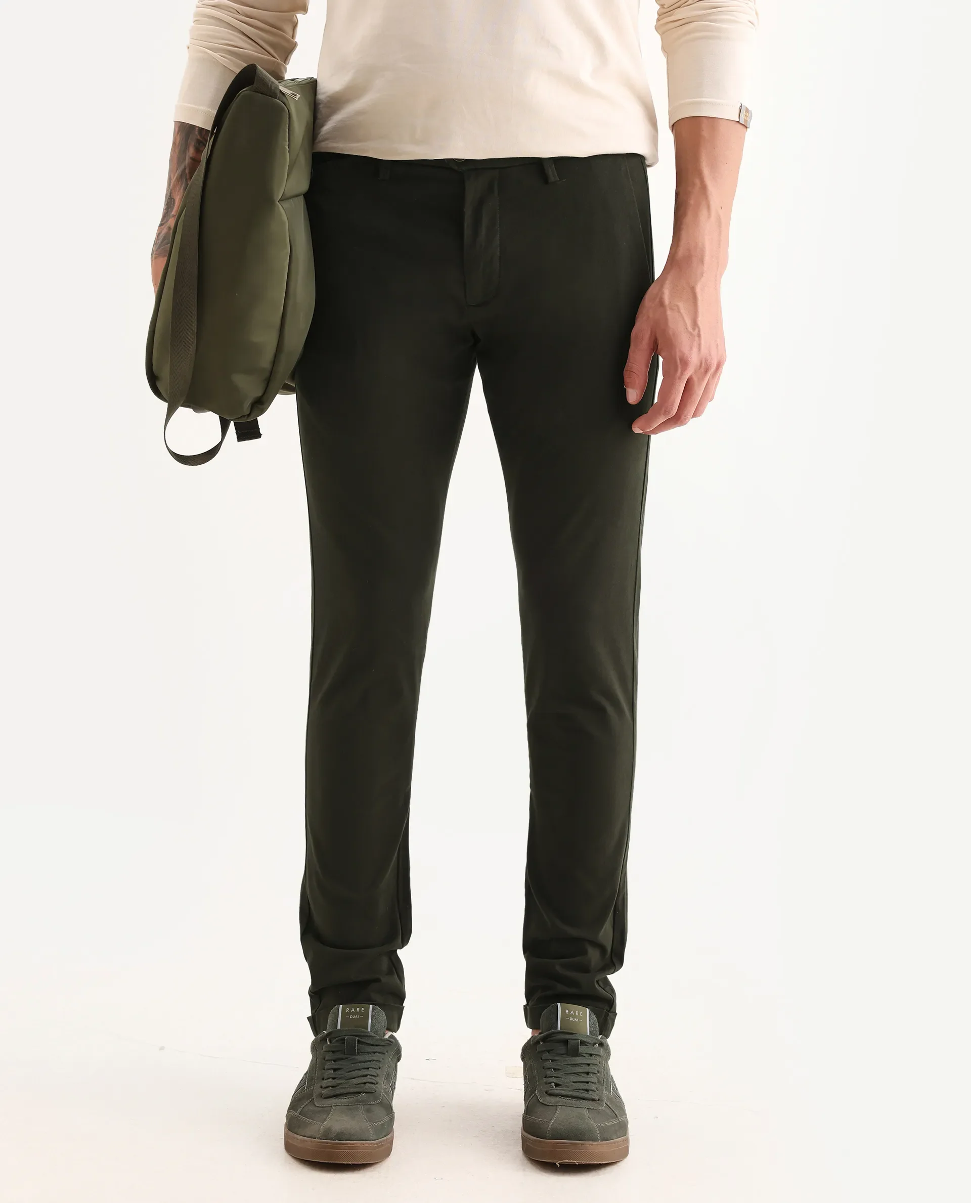 Rare Rabbit Men's Aps Dark Green Cotton Plain Regular Fit Trouser - Image 2