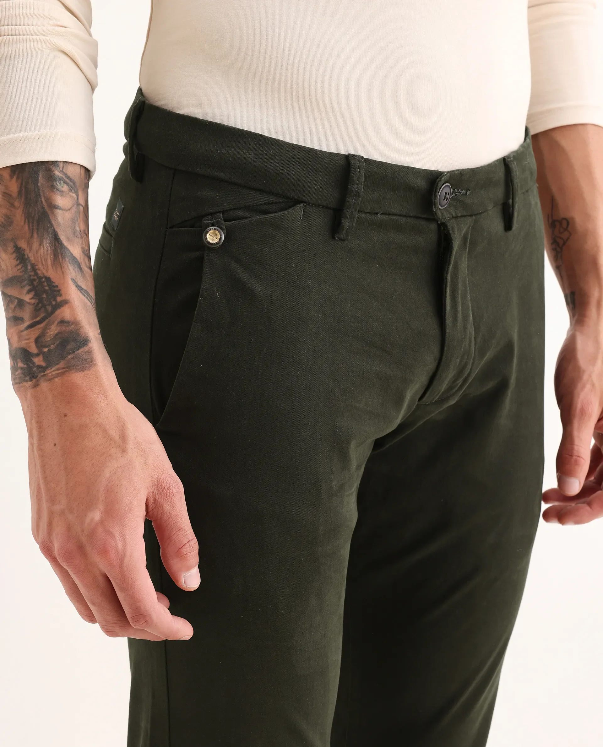 Rare Rabbit Men's Aps Dark Green Cotton Plain Regular Fit Trouser - Image 3