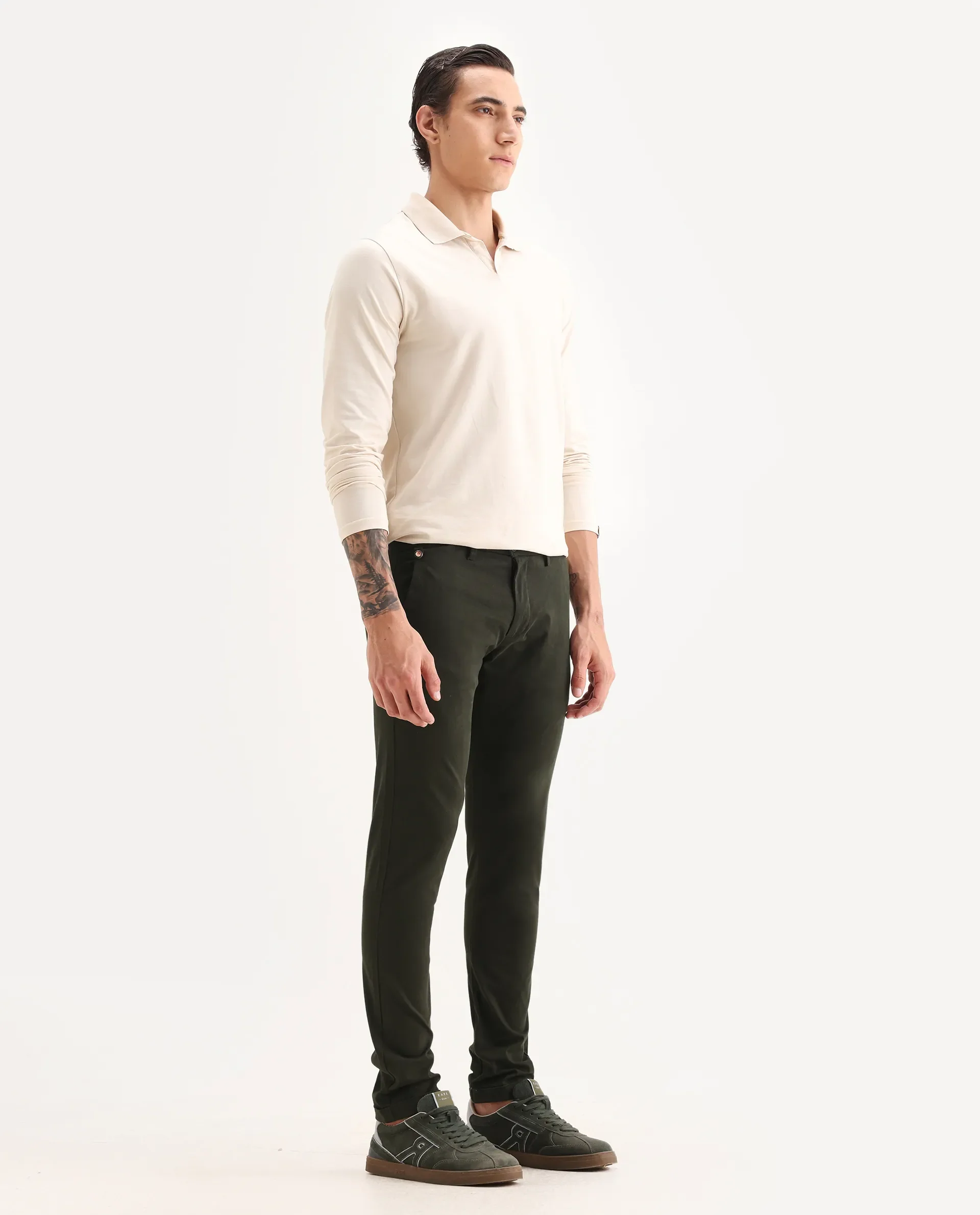 Rare Rabbit Men's Aps Dark Green Cotton Plain Regular Fit Trouser - Image 6