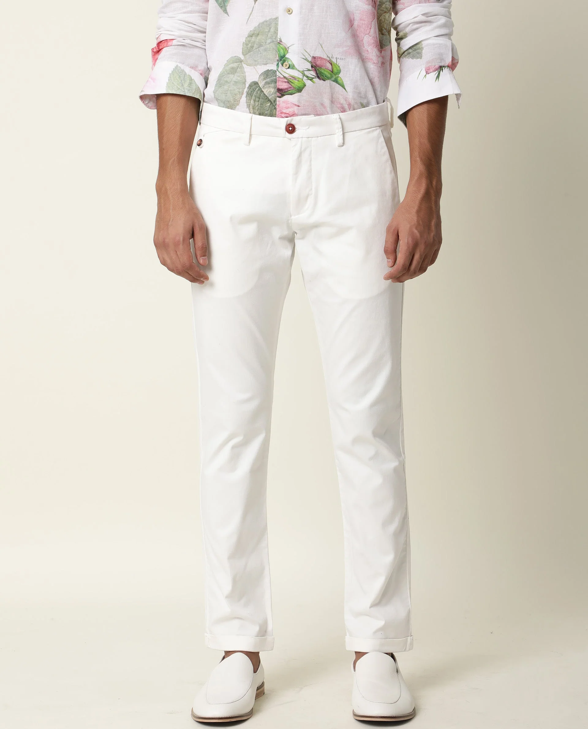 Rare Rabbit Men's Aps White Cotton Plain Slim Fit Trouser