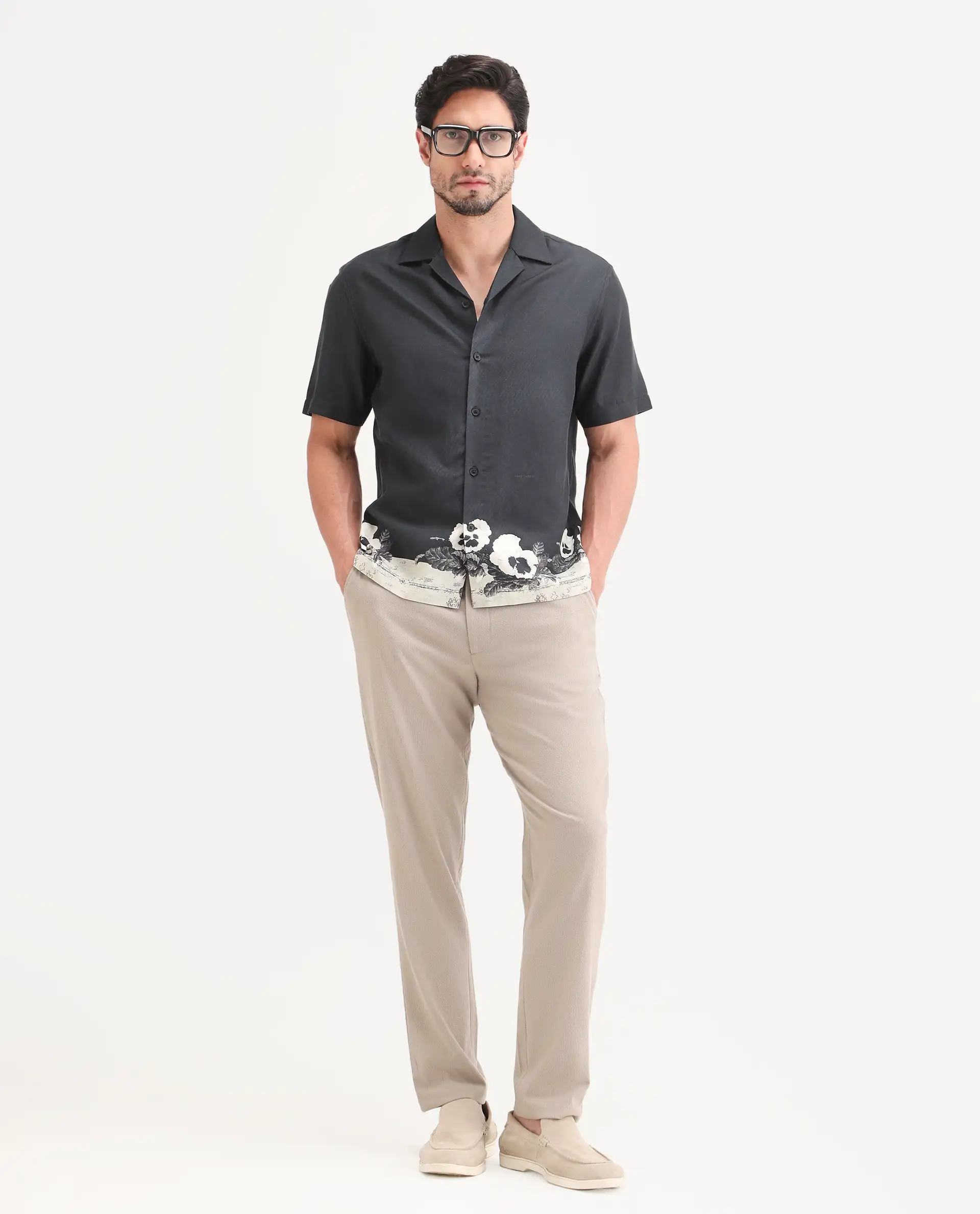 Rare Rabbit Men's Aqel Black Cotton Blend Fabric Half Sleeve Cuban Collar Regular Fit Floral Print Shirt - Image 2