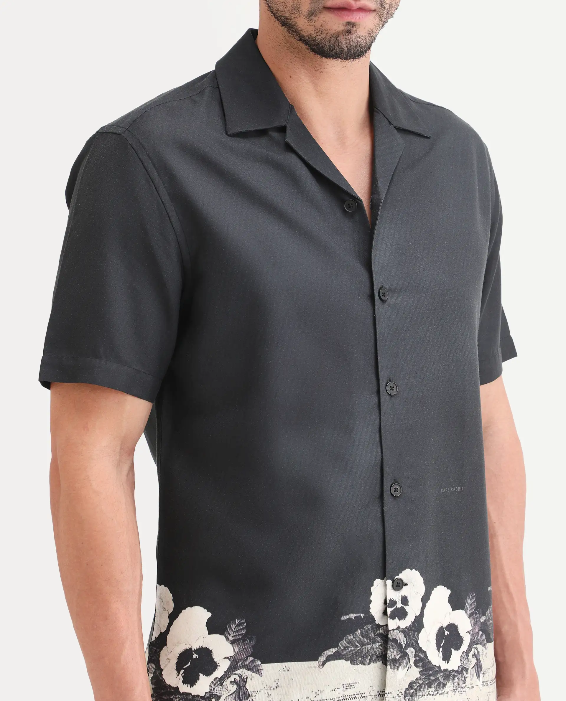 Rare Rabbit Men's Aqel Black Cotton Blend Fabric Half Sleeve Cuban Collar Regular Fit Floral Print Shirt - Image 3